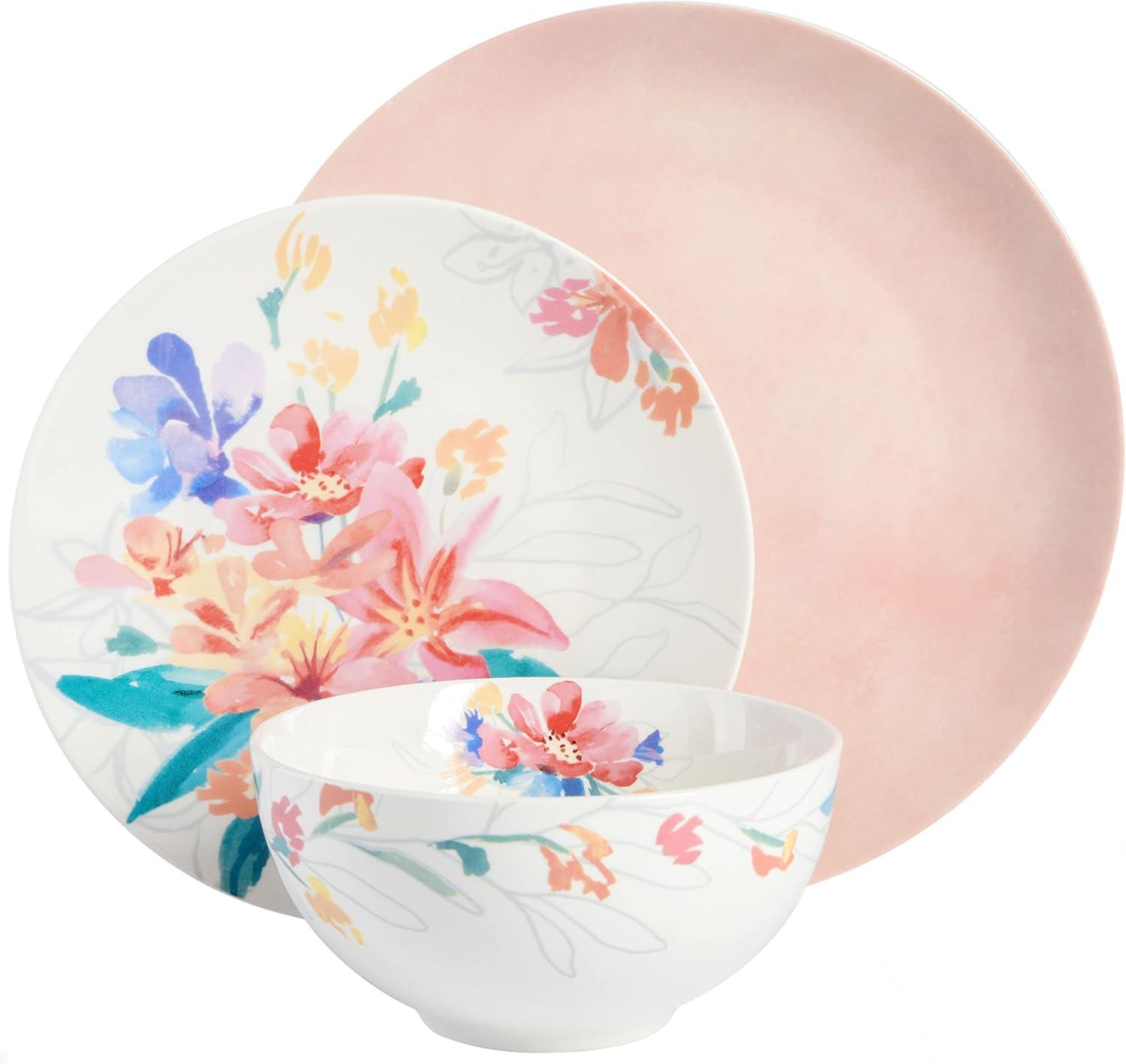 Pink Floral Porcelain 12-Piece Dinnerware Set, Service for 4