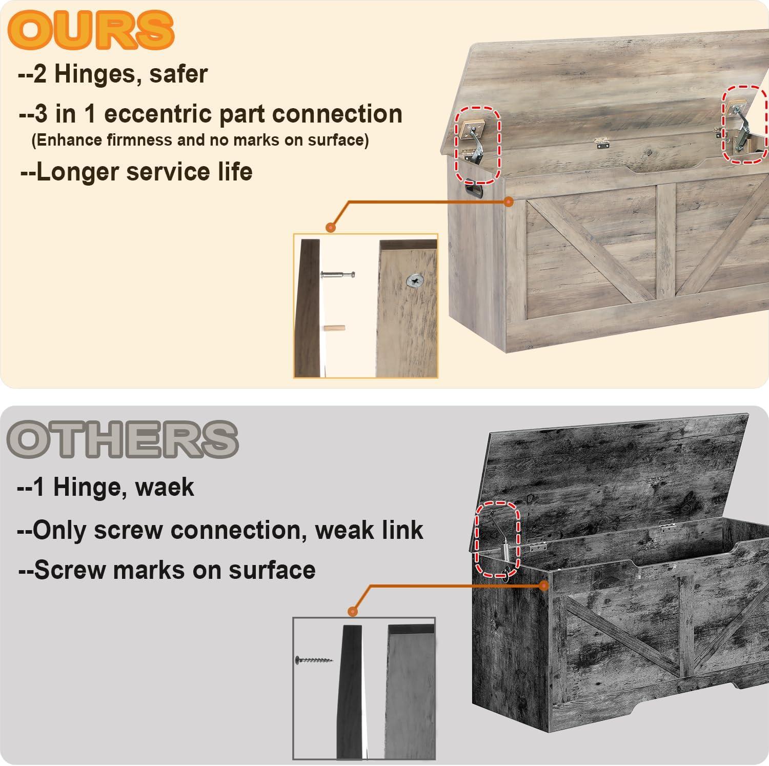 39.4" Storage Chest, Wooden Storage Bench, Large Storage Trunk with 2 Safety Hinges, Entryway Shoes Bench for Living Room, Bedroom, Grey