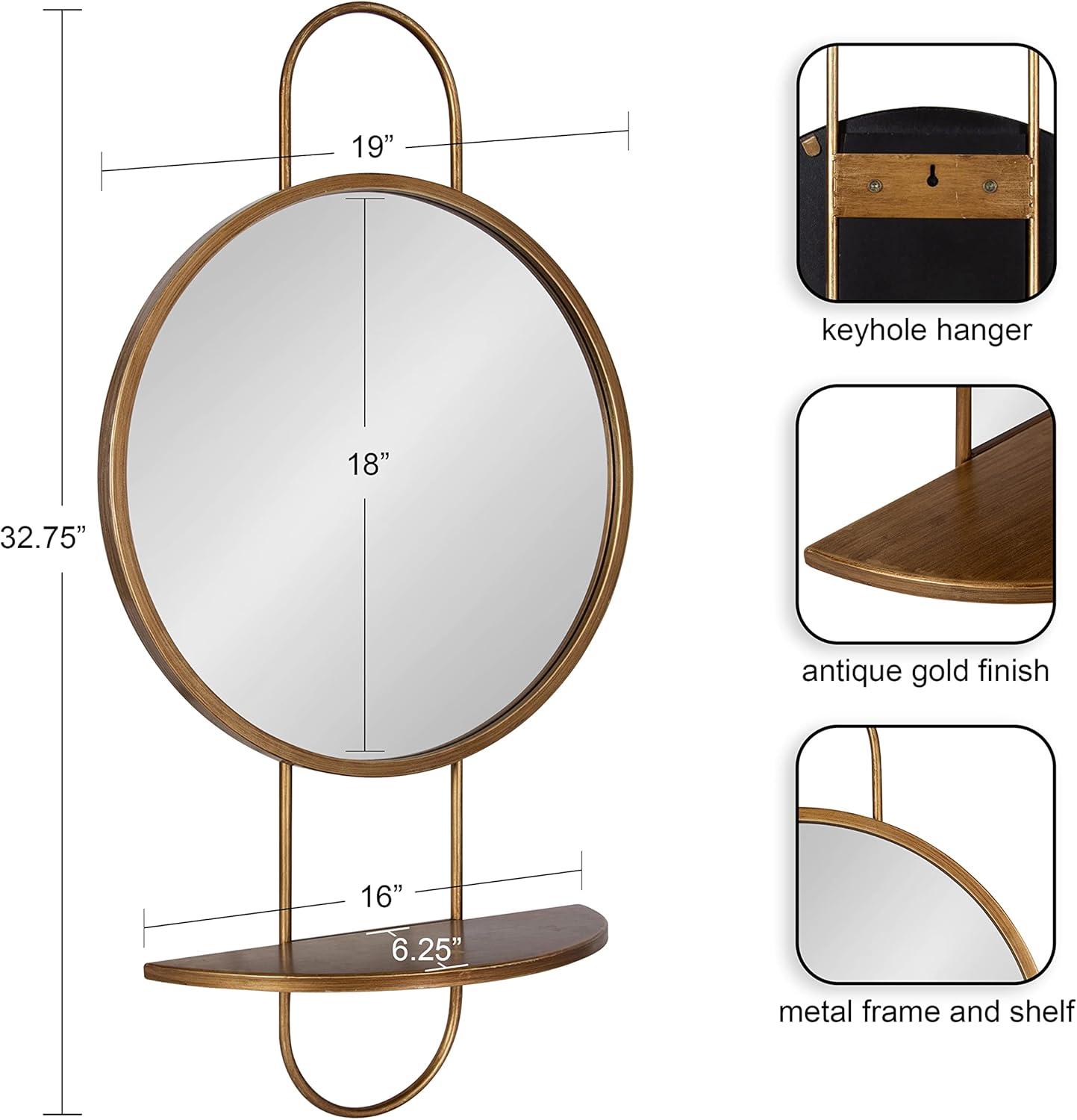 Gold Round Mirror with Wood Shelf, 19" x 33"