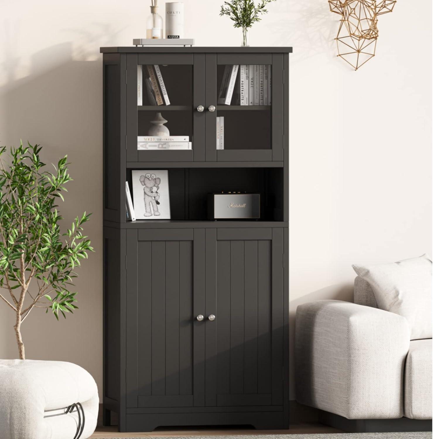 Black MDF Bathroom Floor Cabinet with Adjustable Shelving