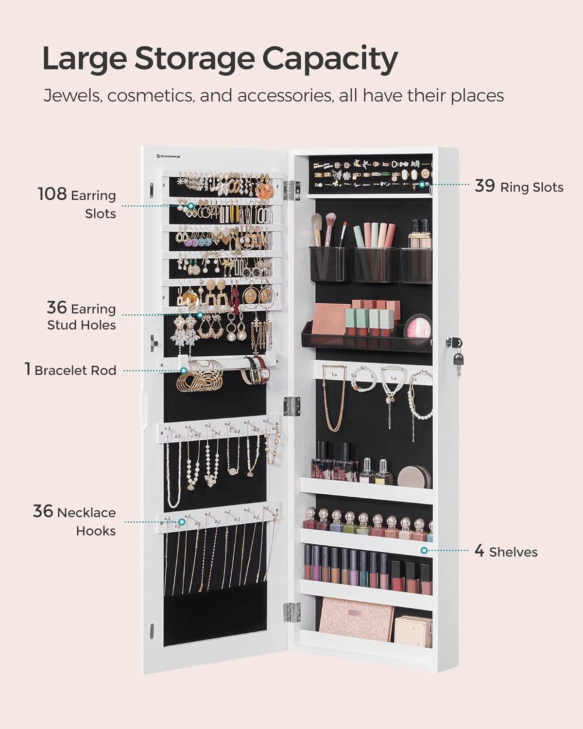 SONGMICS Jewelry Cabinet Lockable Wall-Mounted Jewelry Organizer Armoire Unit with 2 Plastic Cosmetic Storage Trays Full-Length Frameless Mirror White