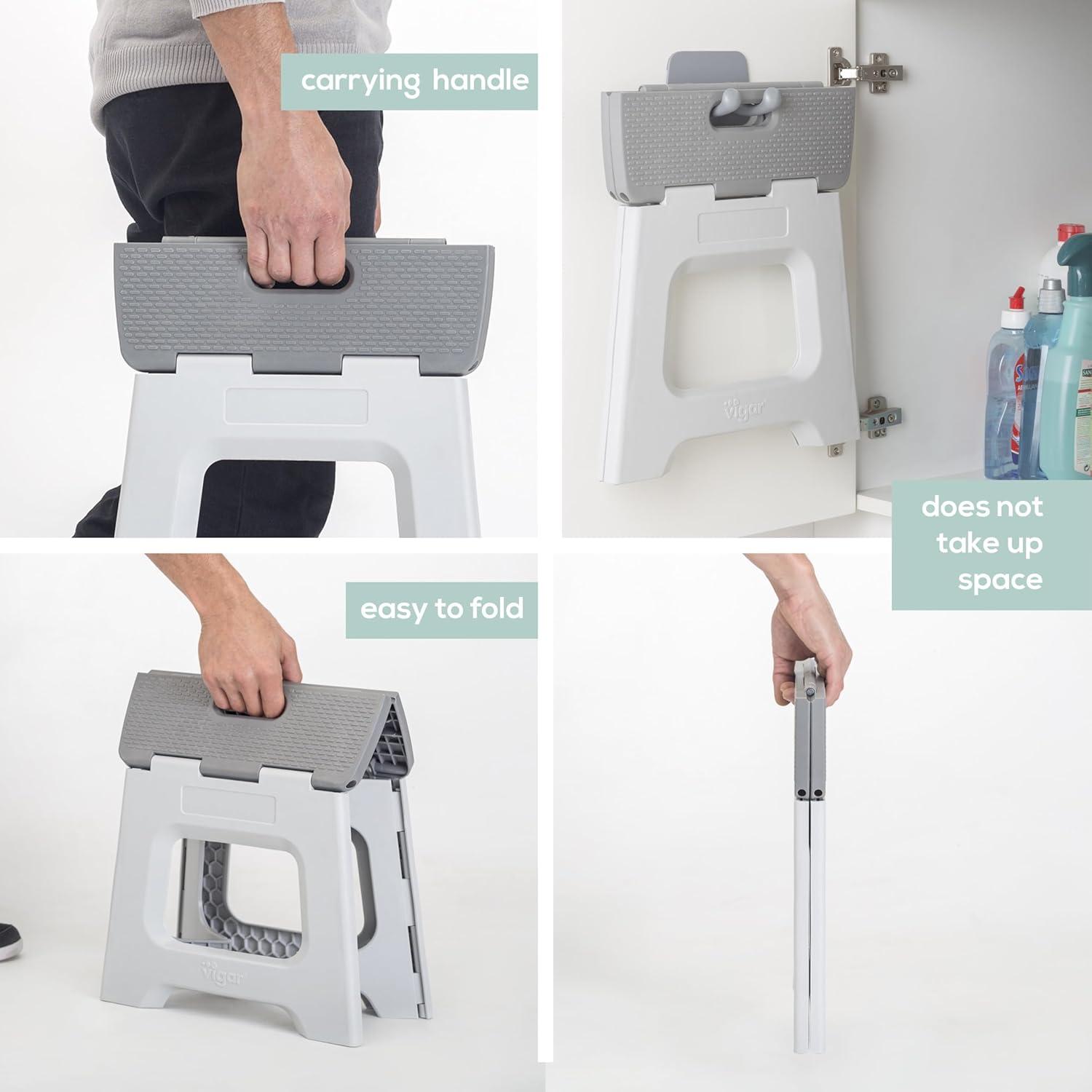 Gray Foldable 2-Step Plastic Stool with Non-Slip Surface