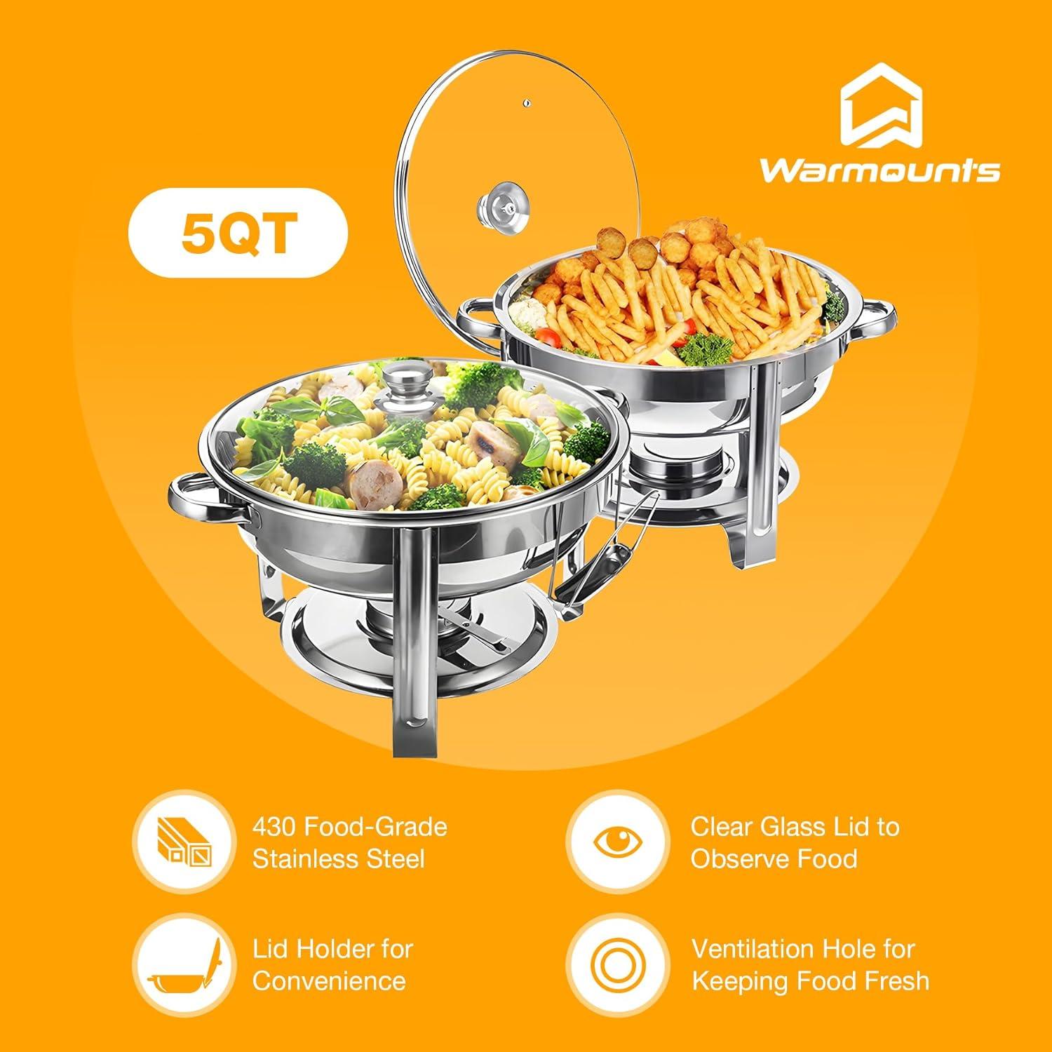 WARMOUNTS Chafing Dish Buffet Set, 2 Pack 5-Quart Round Buffet Chafe Warmer Set, 410 Stainless Steel Chafing Dish Buffet Food Warmer with Glass Lid & Holder
