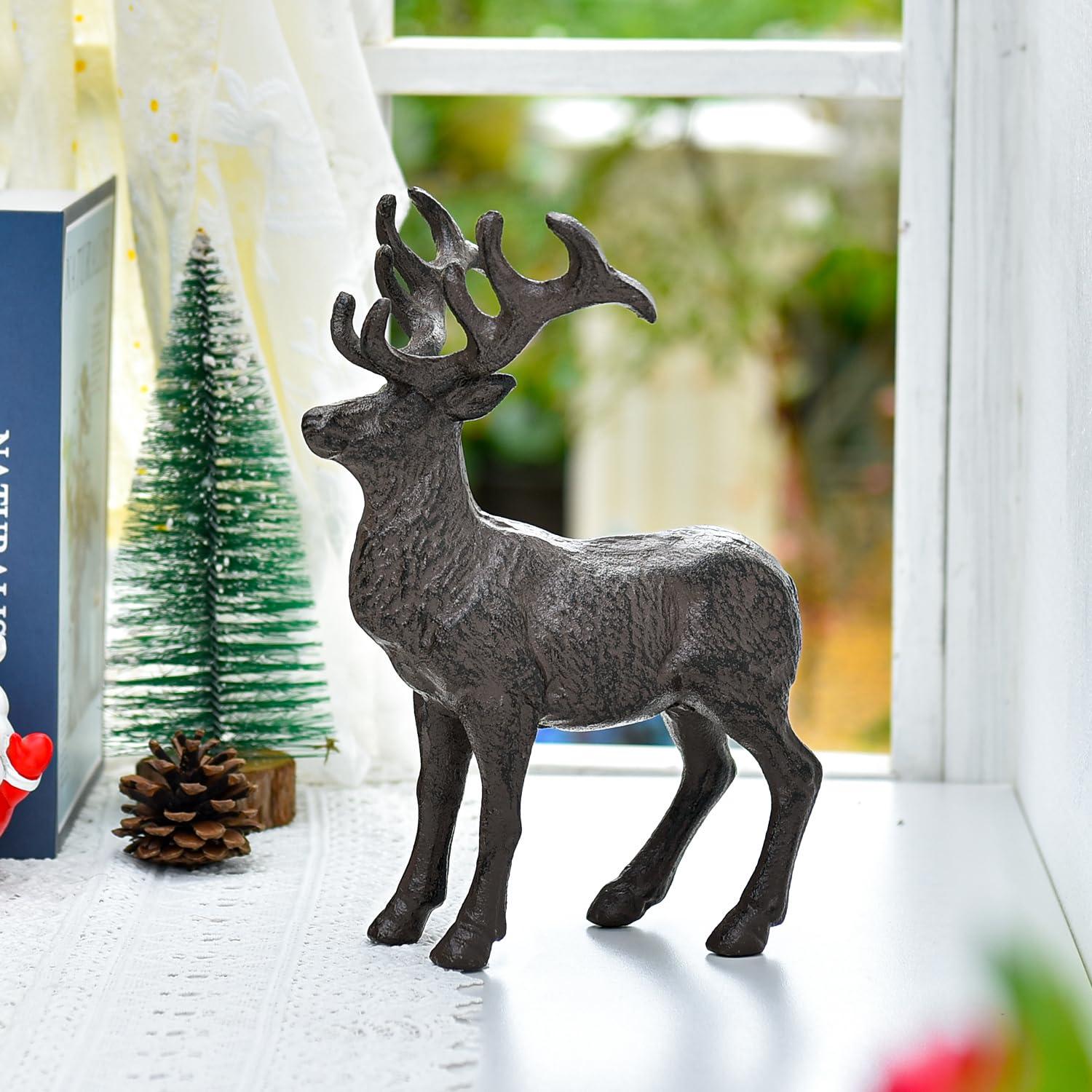 Sungmor Cast Iron Deer Statue, Christmas Reindeer Figurine, Rustic Brown Heavy Standing Elk Vintage Home Decor Sculpture, Indoor Outdoor Shelf Tabletop Holiday Decorations