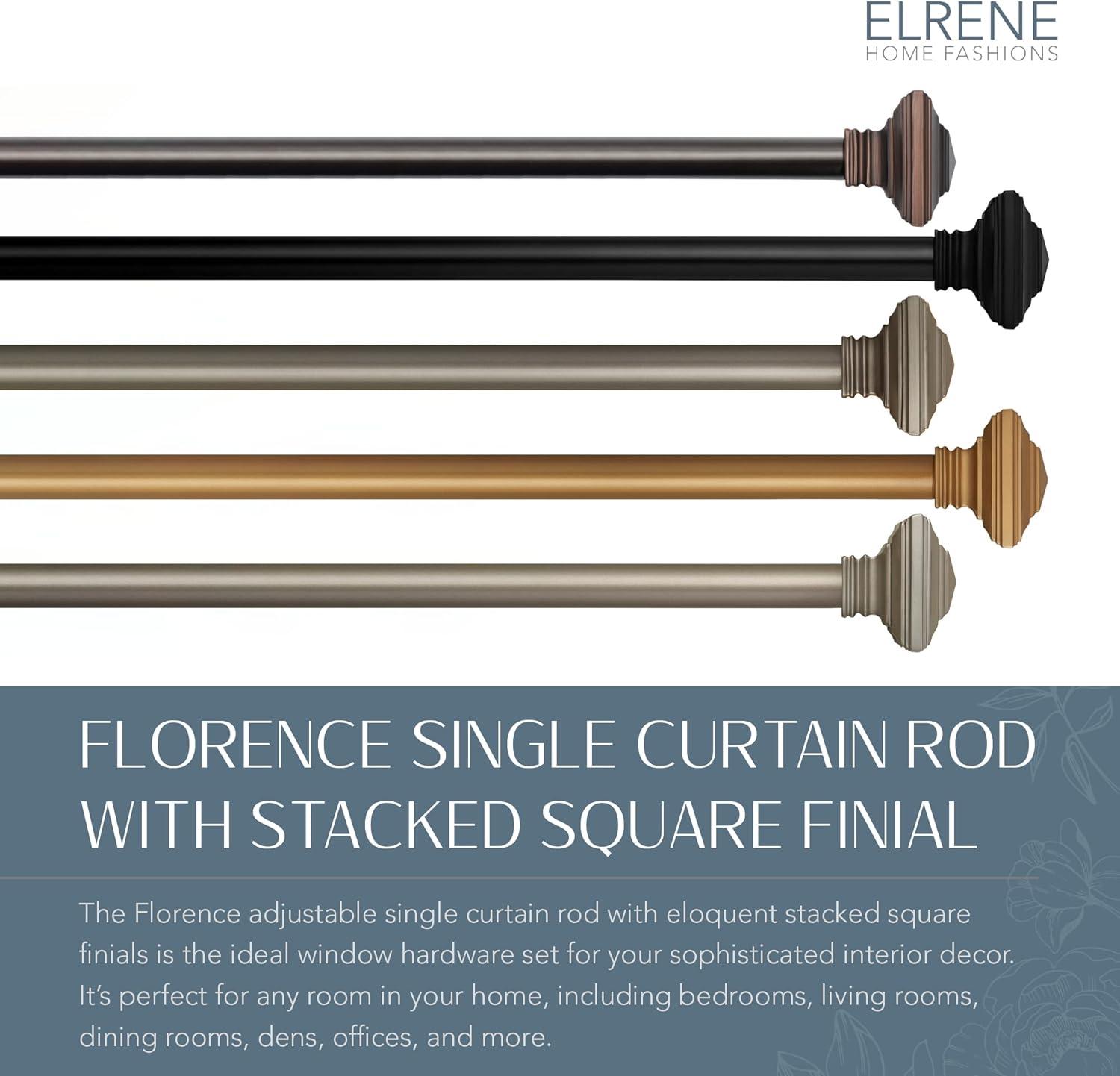 Florence 1" Window Drapery Single Curtain Rod with Stacked Square Finial - 28"-48" - Nickel - Elrene Home Fashions