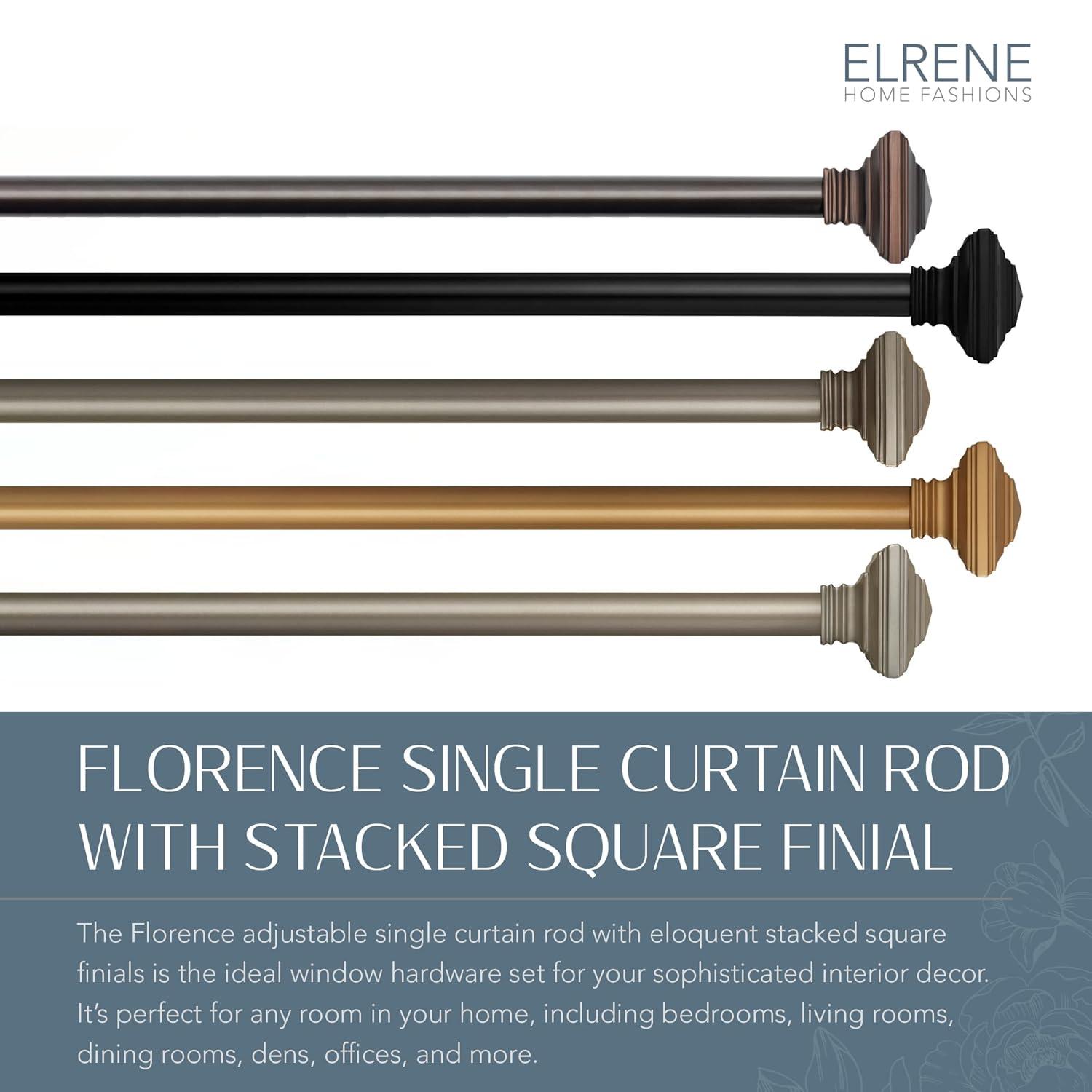 Florence 1" Window Drapery Single Curtain Rod with Square Finial - 48"-86" - Antique Bronze - Elrene Home Fashions