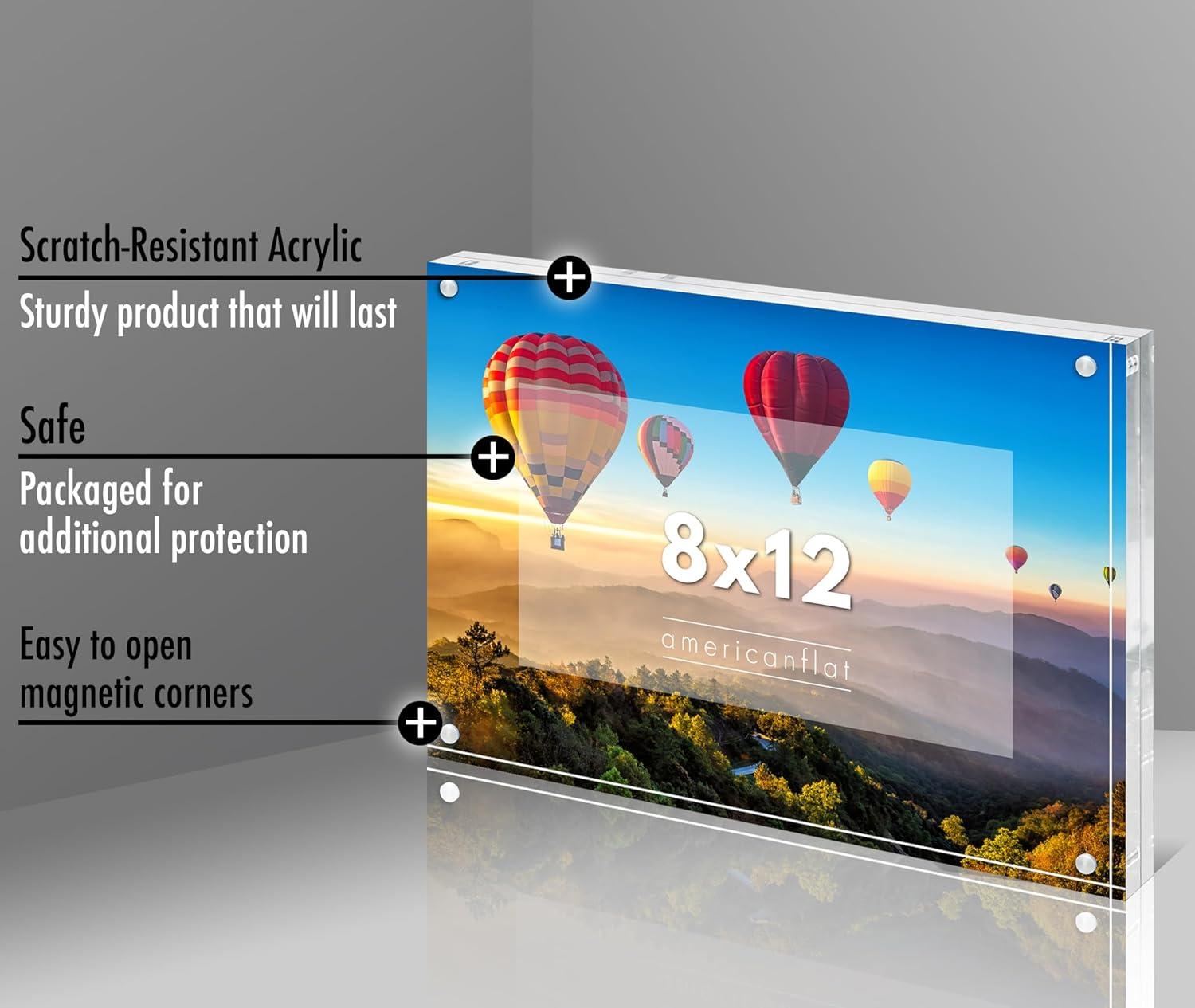 Americanflat 8x12 Acrylic Picture Frame - Double Sided Picture Frame with Magnetic Corners - Transparent Acrylic Frame for Desk or Tabletop Display - 8x12 Picture Frame with Microfiber Cloth Included