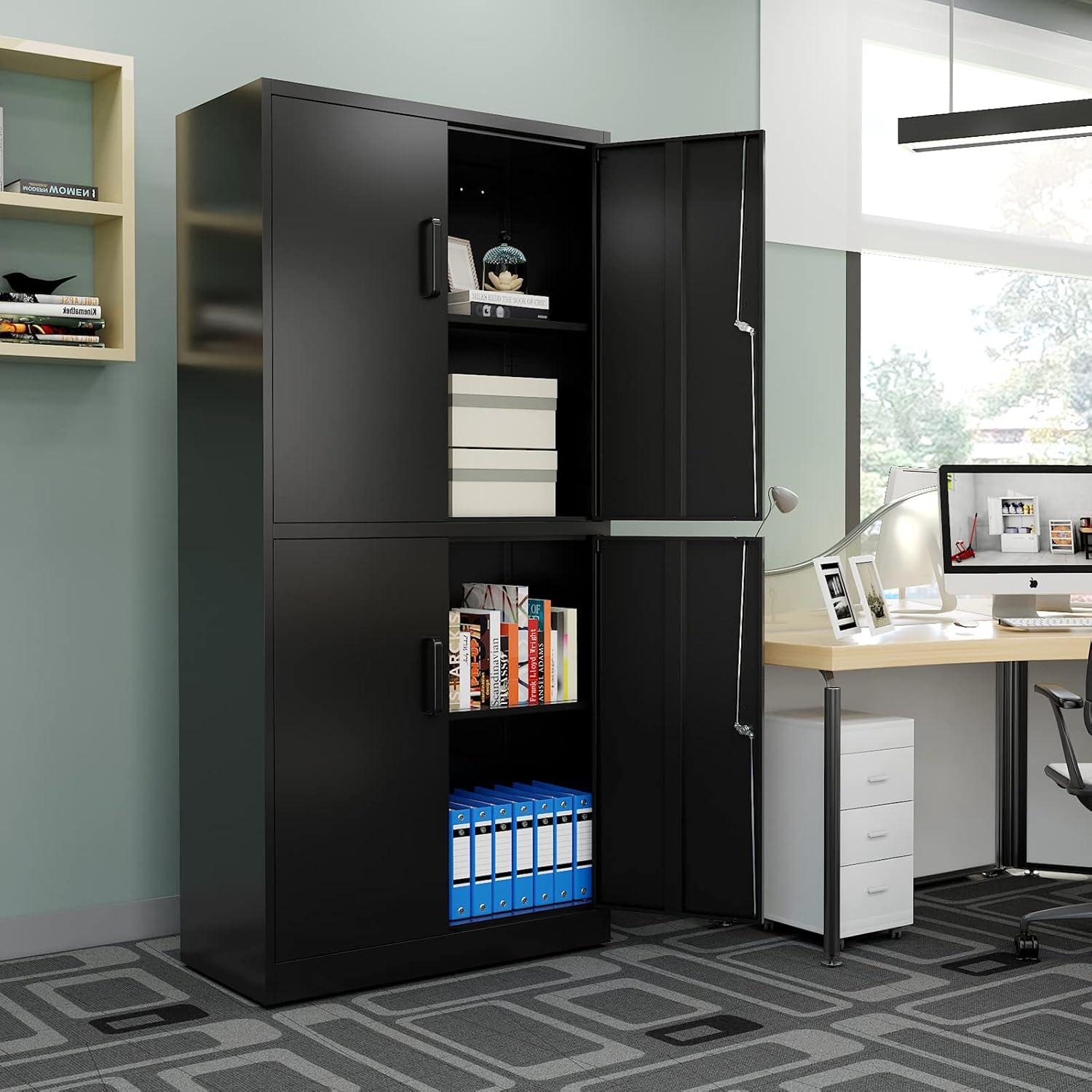 Metal Storage Cabinets with Drawer and Adjustable Shelves, Lockable Storage Cabinet for Pantry Home Office Garage Kitchen Living Dining Room (Black)