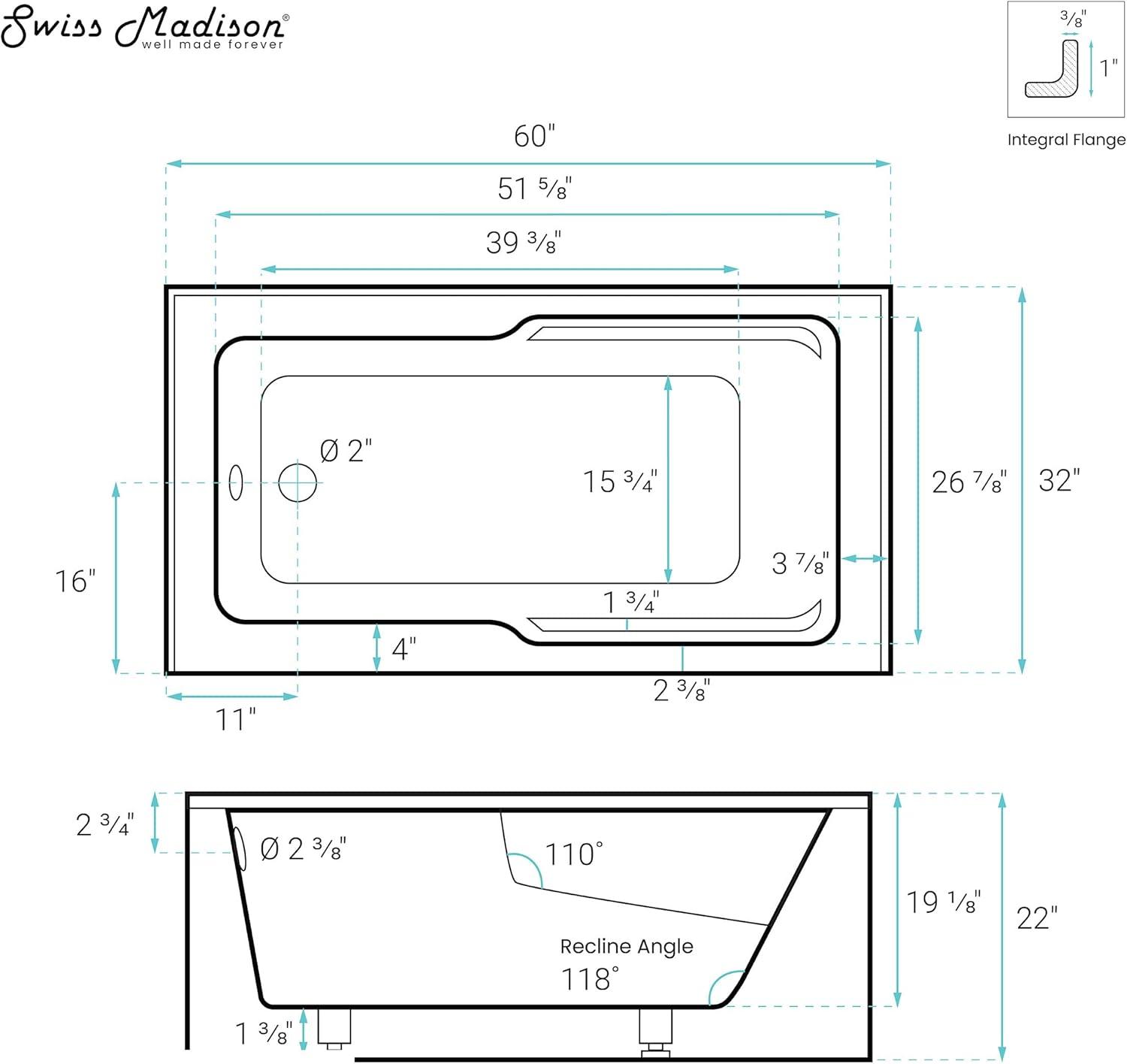 Voltaire 60" x 32" Alcove Bathtub with Apron