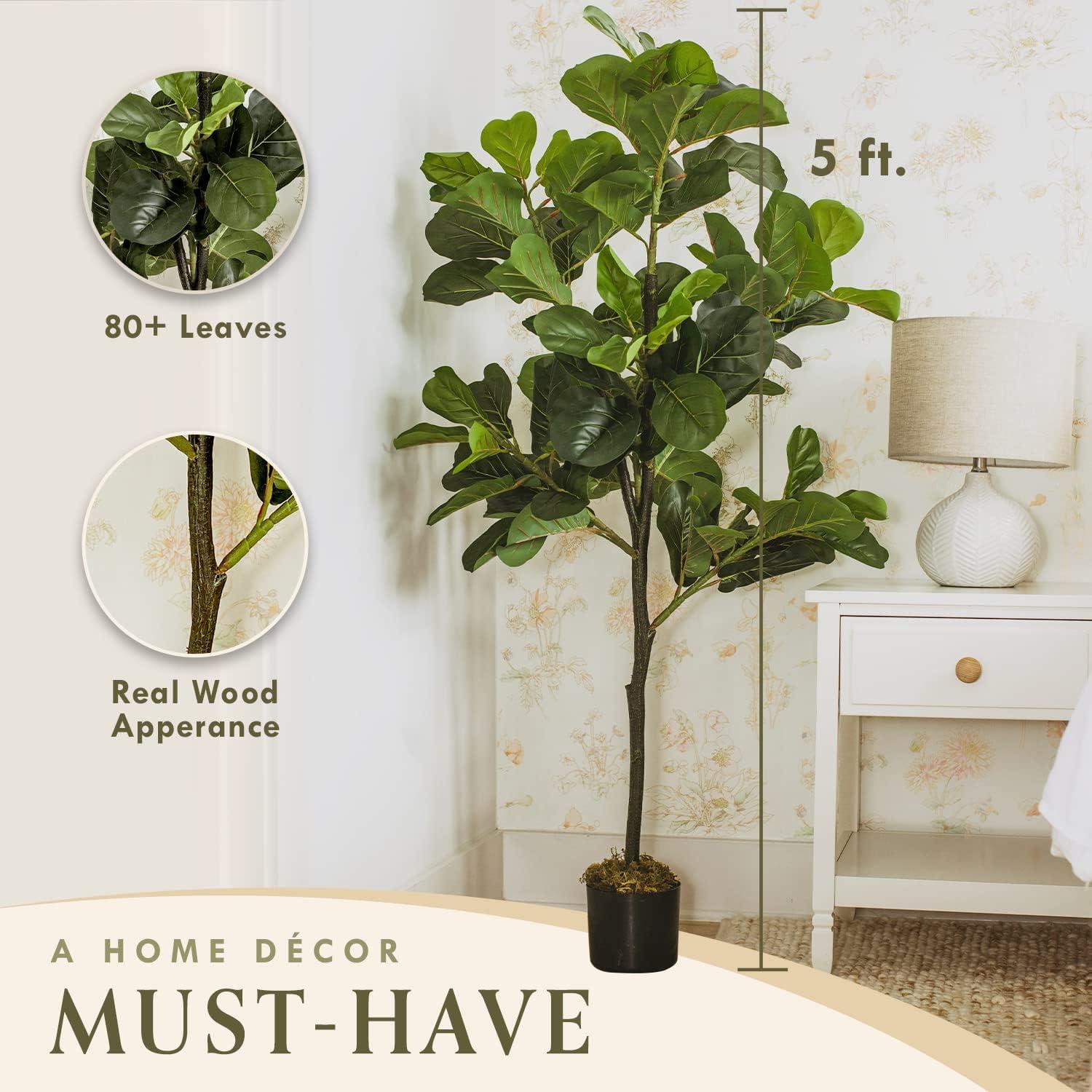 Forever Leaf 60" Artificial Fiddle Leaf Fig Tree with Black Pot, Indoor Artificial Plant for Home Decor