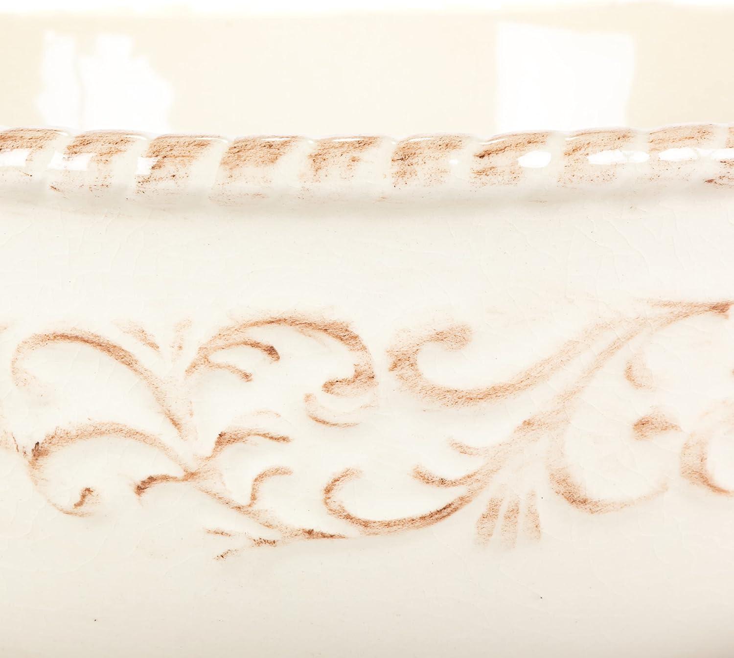 Cream Ceramic 12-Inch Bowl with Acanthus Leaf Metal Base