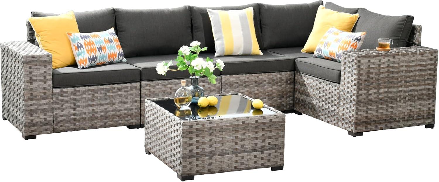 Ovios 6 Piece Outdoor Furniture All Weather Wicker Patio Conversation Sectional Sofa Set with Side Table for Garden Backyard