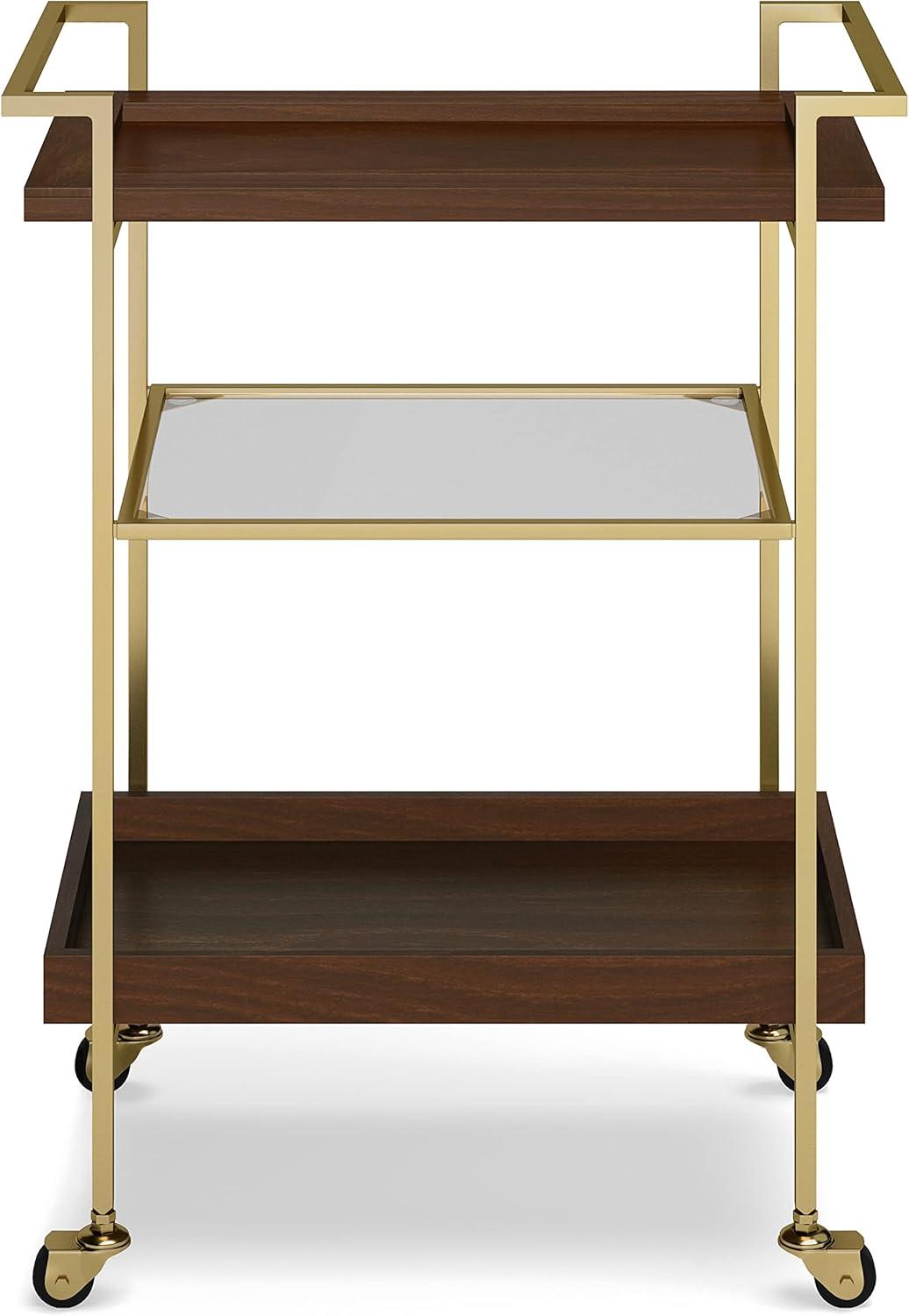 Cognac Solid Mango Wood & Gold Metal 3-Tier Bar Cart with Casters