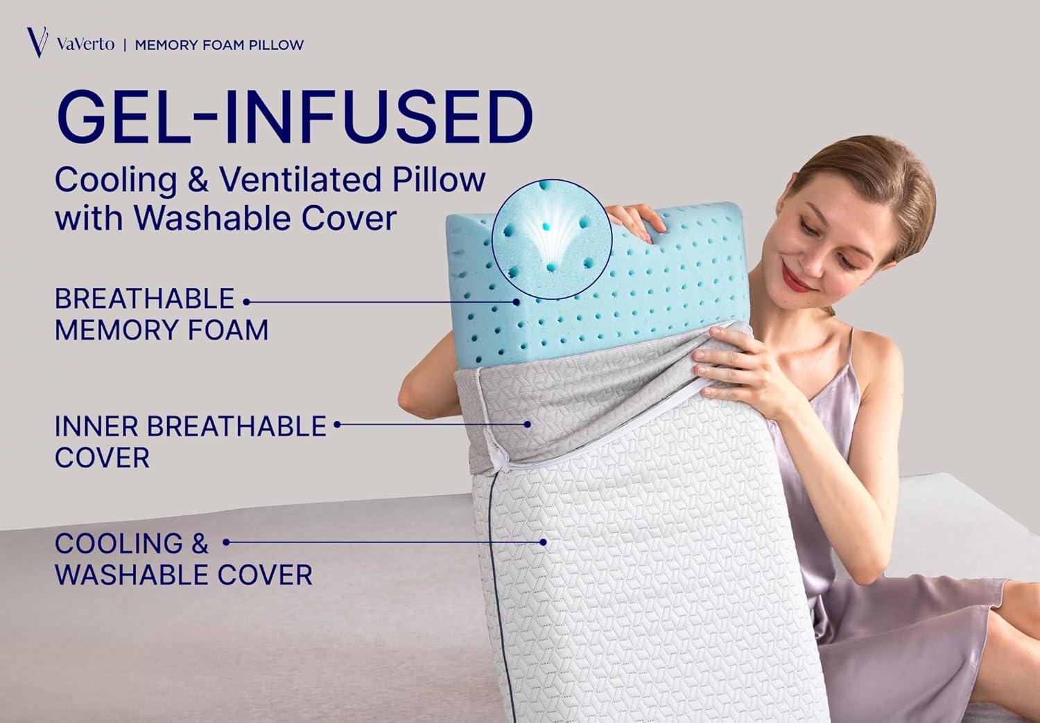 Vaverto Gel Memory Foam Pillow -Standard Size - Ventilated, Premium Bed Pillows with Washable and Bamboo Pillow Cover, Cooling, Orthopedic Sleeping, Side and Back Sleepers - 2 Pack