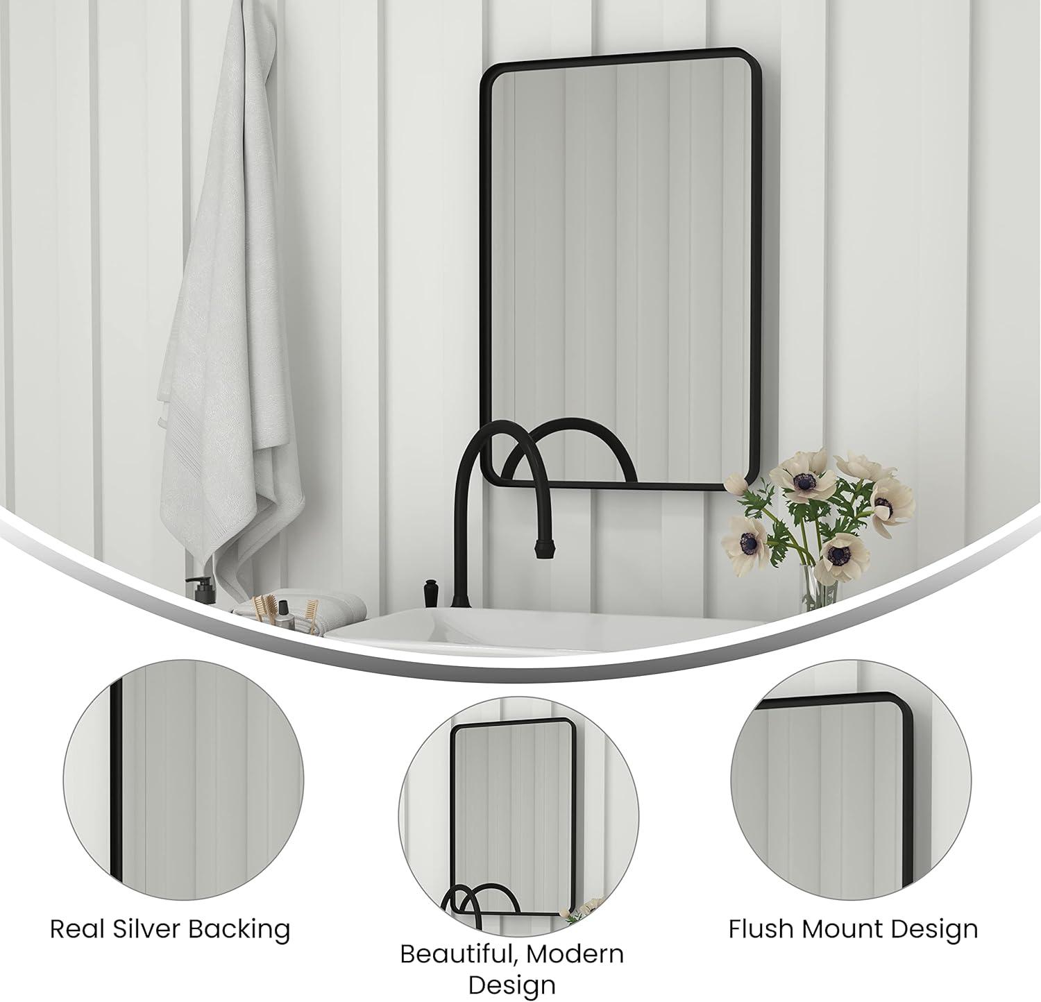 Matte Black Rectangular Wall Mirror with Rounded Corners