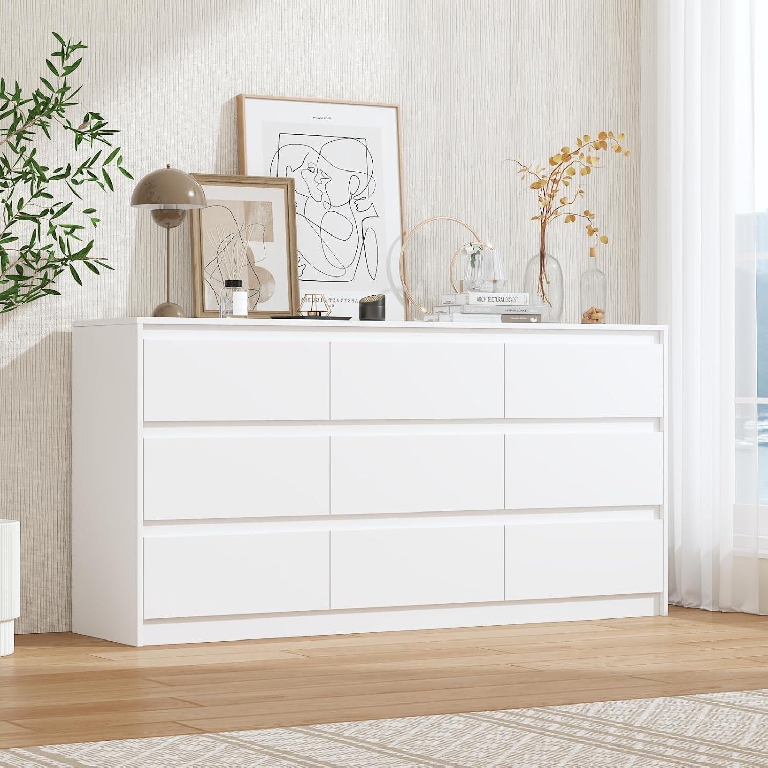 FUFU&GAGA White Modern Dresser for Bedroom 9 Drawers Wood Chest of Drawers