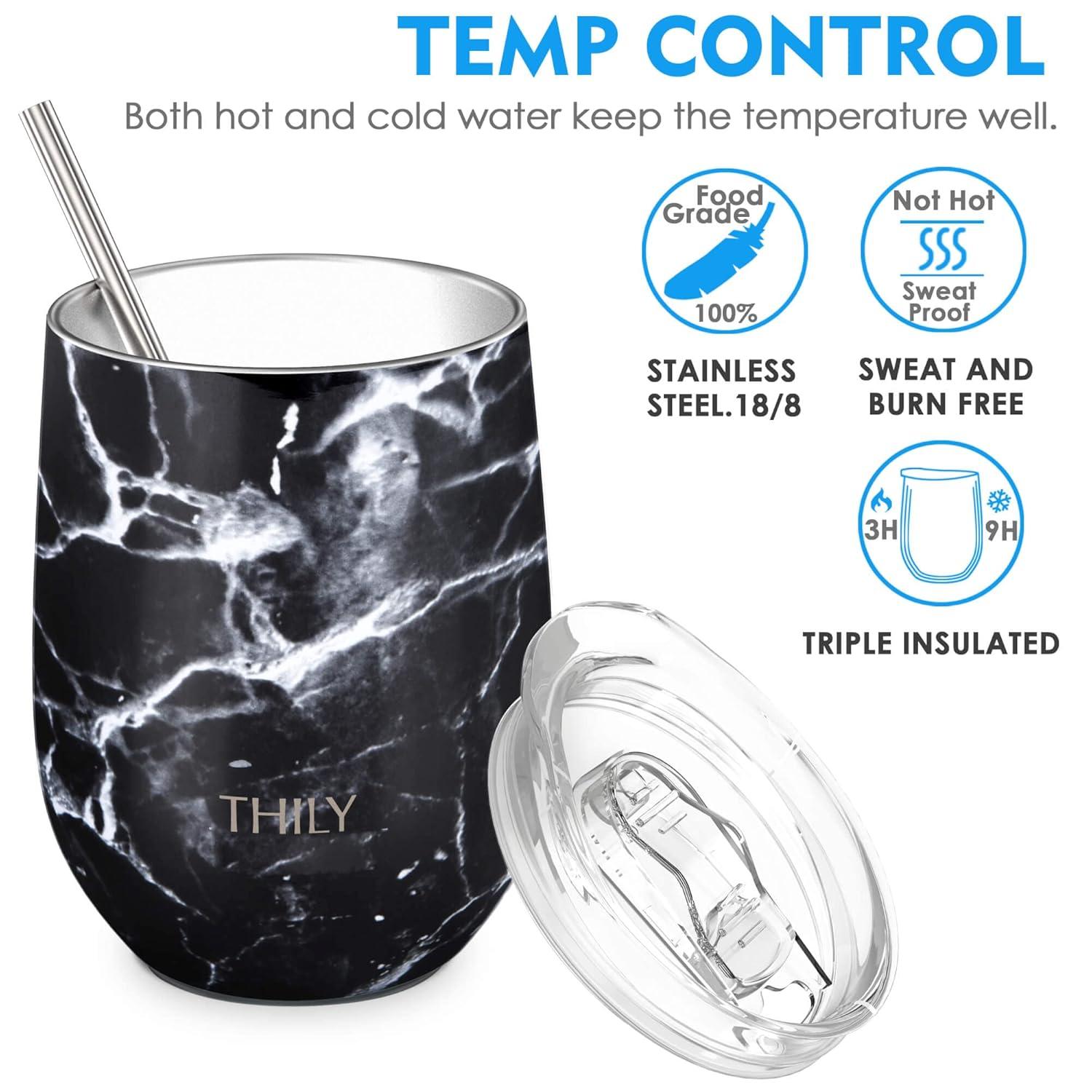 Wine Tumbler Vacuum Insulated Stemless - THILY 12 oz Triple-Insulated Stainless Steel Wine Glass with Lid and Straw, Cute Travel Cup Keep Cold or Hot for Coffee, Cocktails, Wood Grain