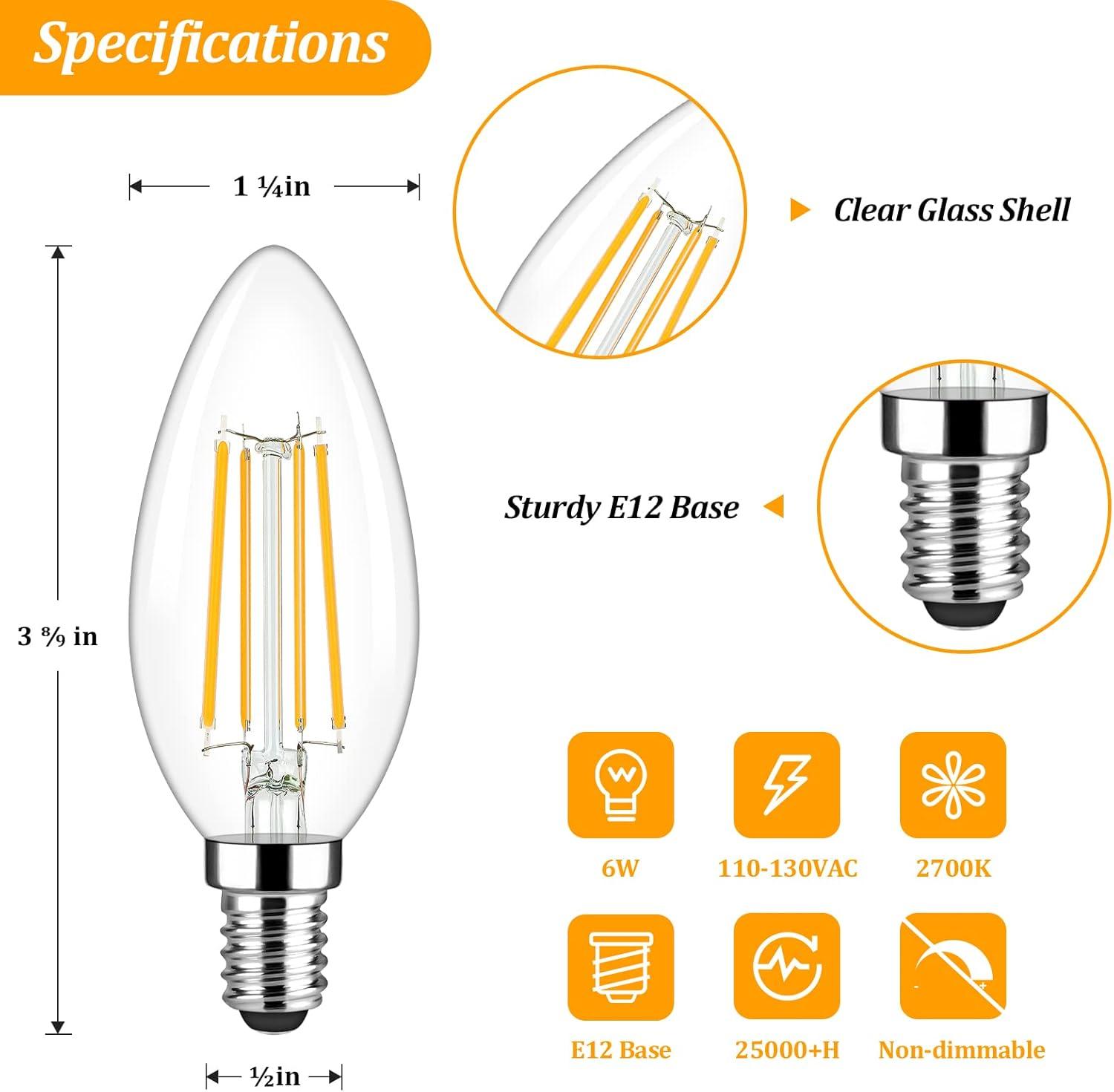 Dimmable Warm White LED Filament Chandelier Bulbs, 6-Pack