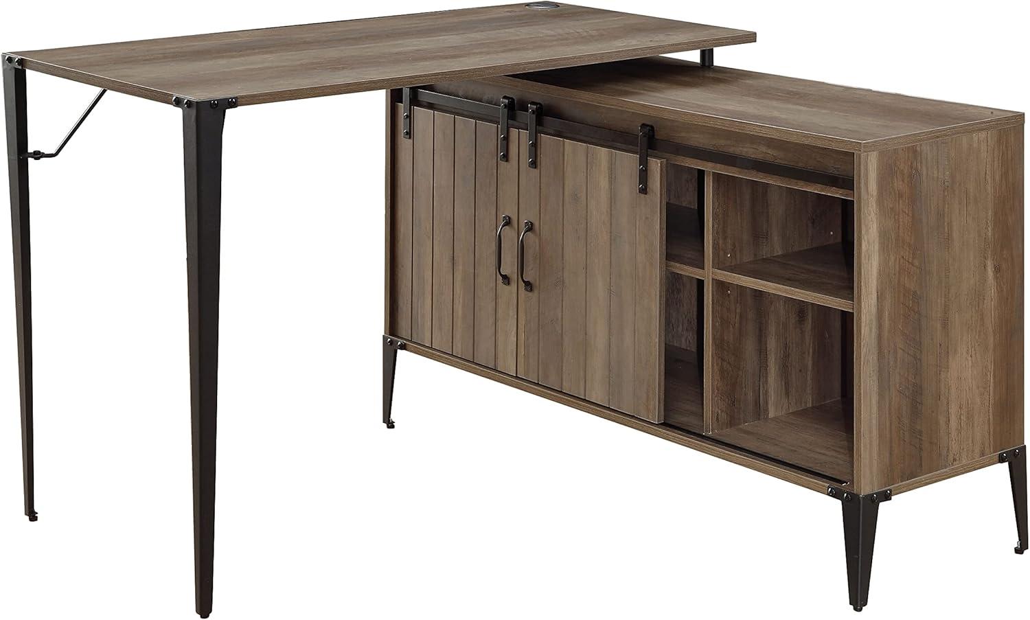 Executive Rustic Oak Corner Desk with USB Port and Filing Cabinet