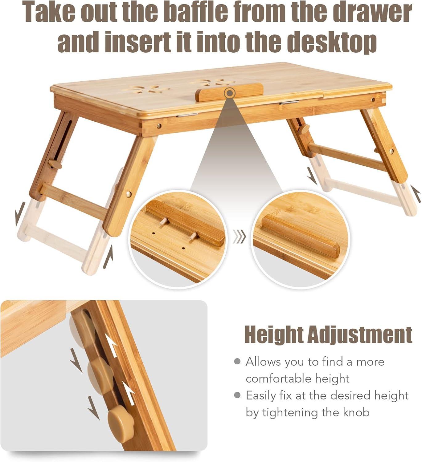 Bamboo Laptop Lap Tray with Adjustable Legs and Tilting Heat-dissipation Top-Natural