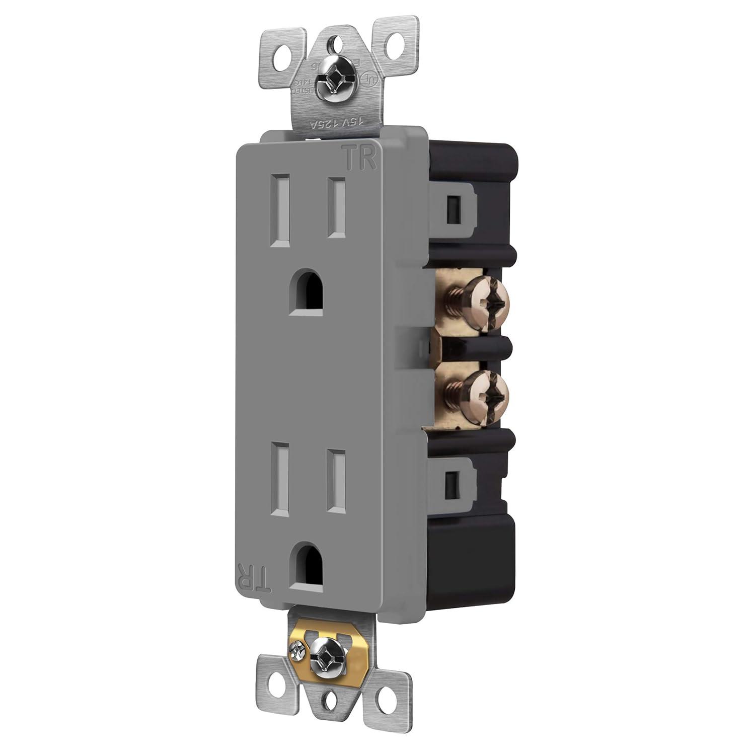 Gray Tamper-Resistant Decorator Receptacle Outlet with Wall Plate