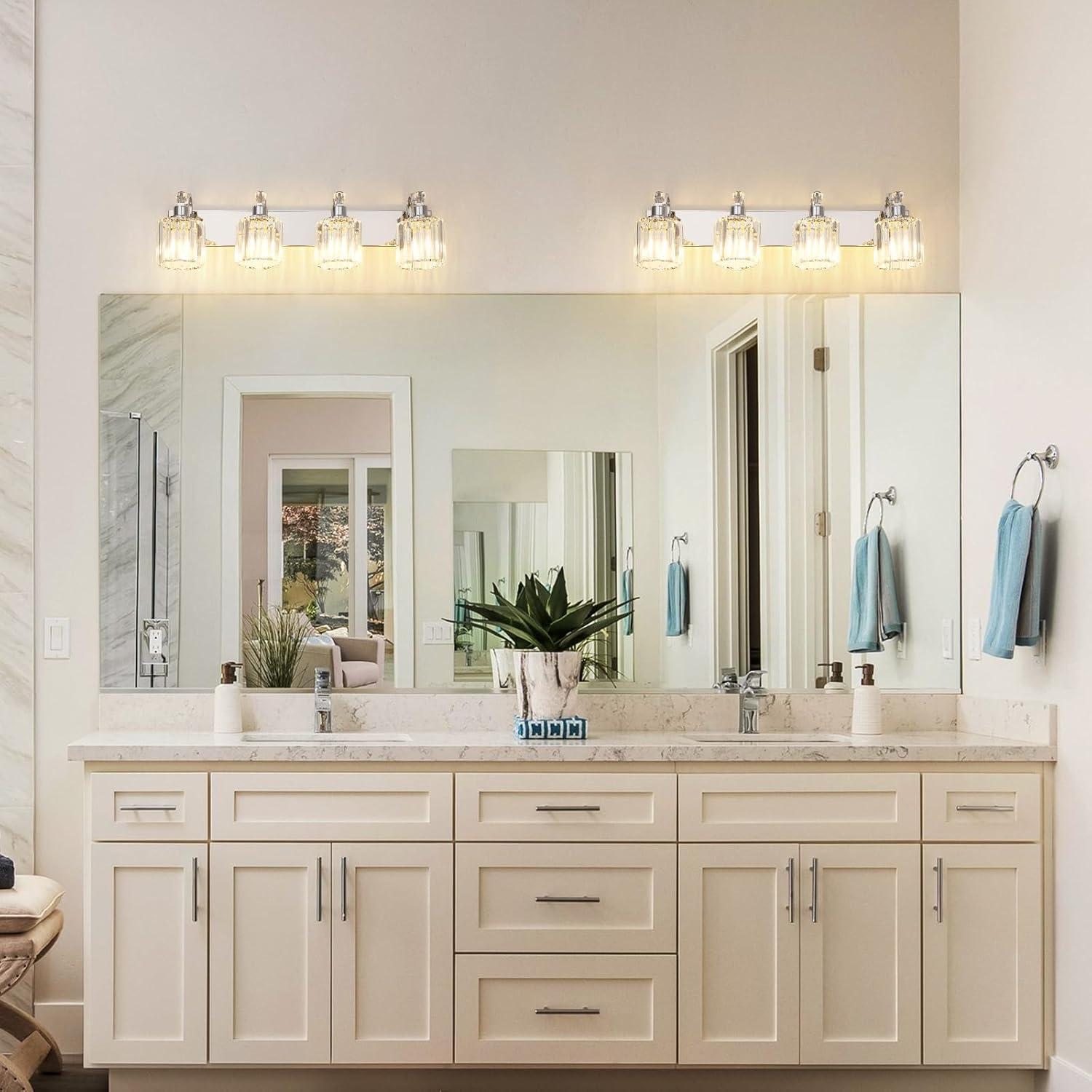 GAOMON LED Modern Crystal Bathroom Vanity Lights Over Mirror, Chrome Bathroom Light Fixtures Wall Light (4-Light)