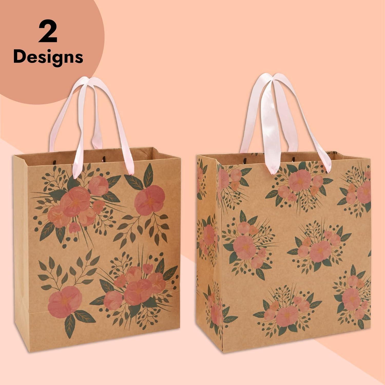 Juvale 24 Pack Kraft Paper Floral Gift Bags with Pink Ribbon Handles, 8x4x9 Inches, 2 Designs, For Themed Party Favors