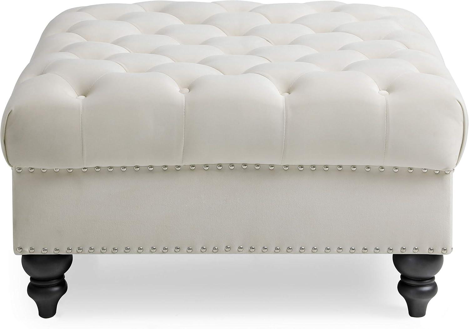 Nola Ivory Velvet 35" Tufted Ottoman with Chrome Nailheads