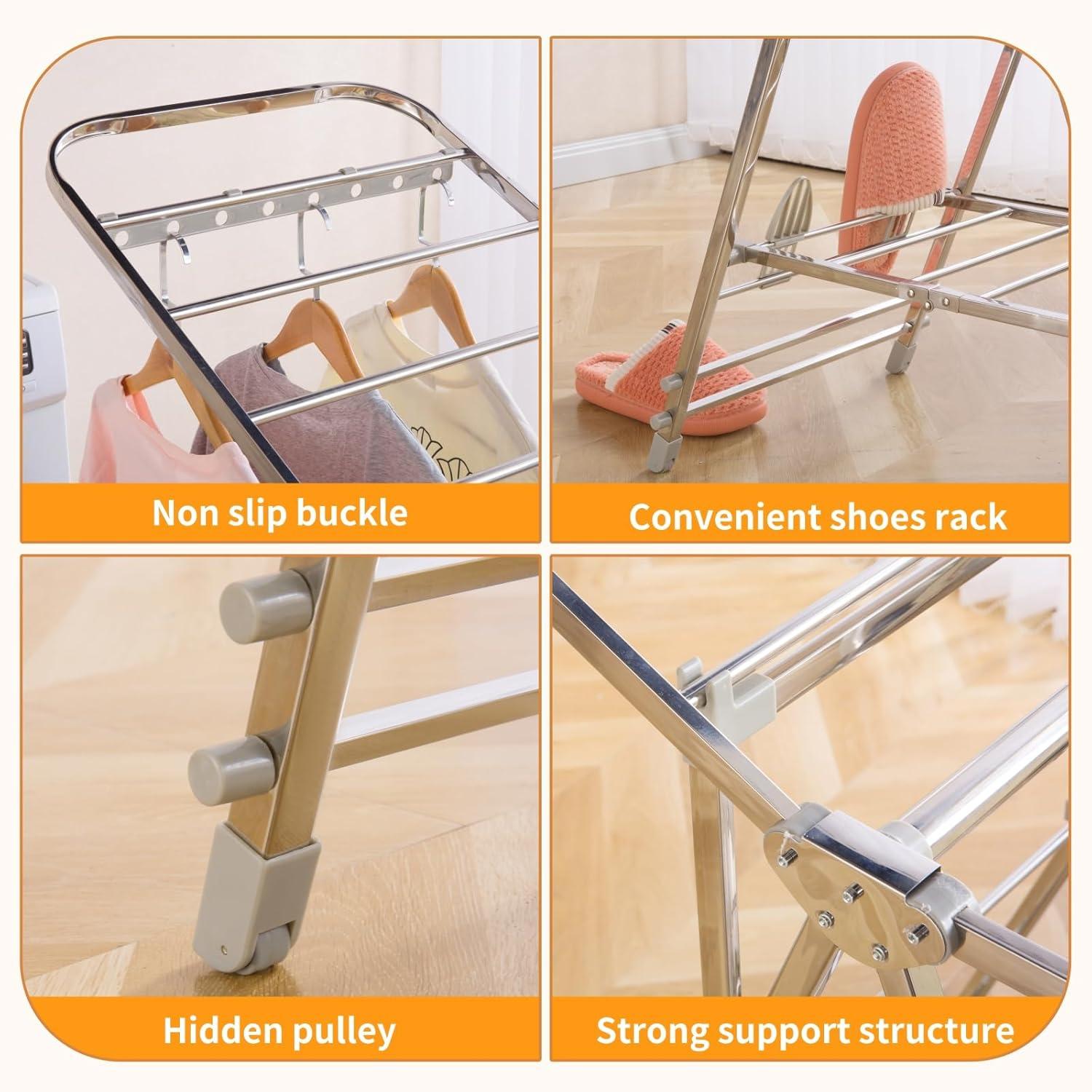 Foldable Clothes Drying Rack has 21 Rods, Non-Slip Buckle, Shoe Rack and Wheels ,Stainless Steel Laundry Drying Rack,Collapsible for Easy Storage,Rust-Proof,Works Both Indoors and Out