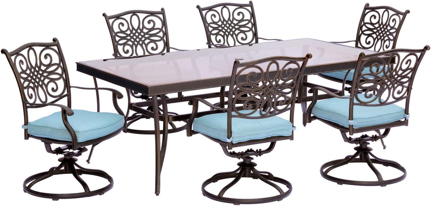 Hanover Traditions 7-Piece Dining Set in Blue with Extra Large Glass-Top Dining Table