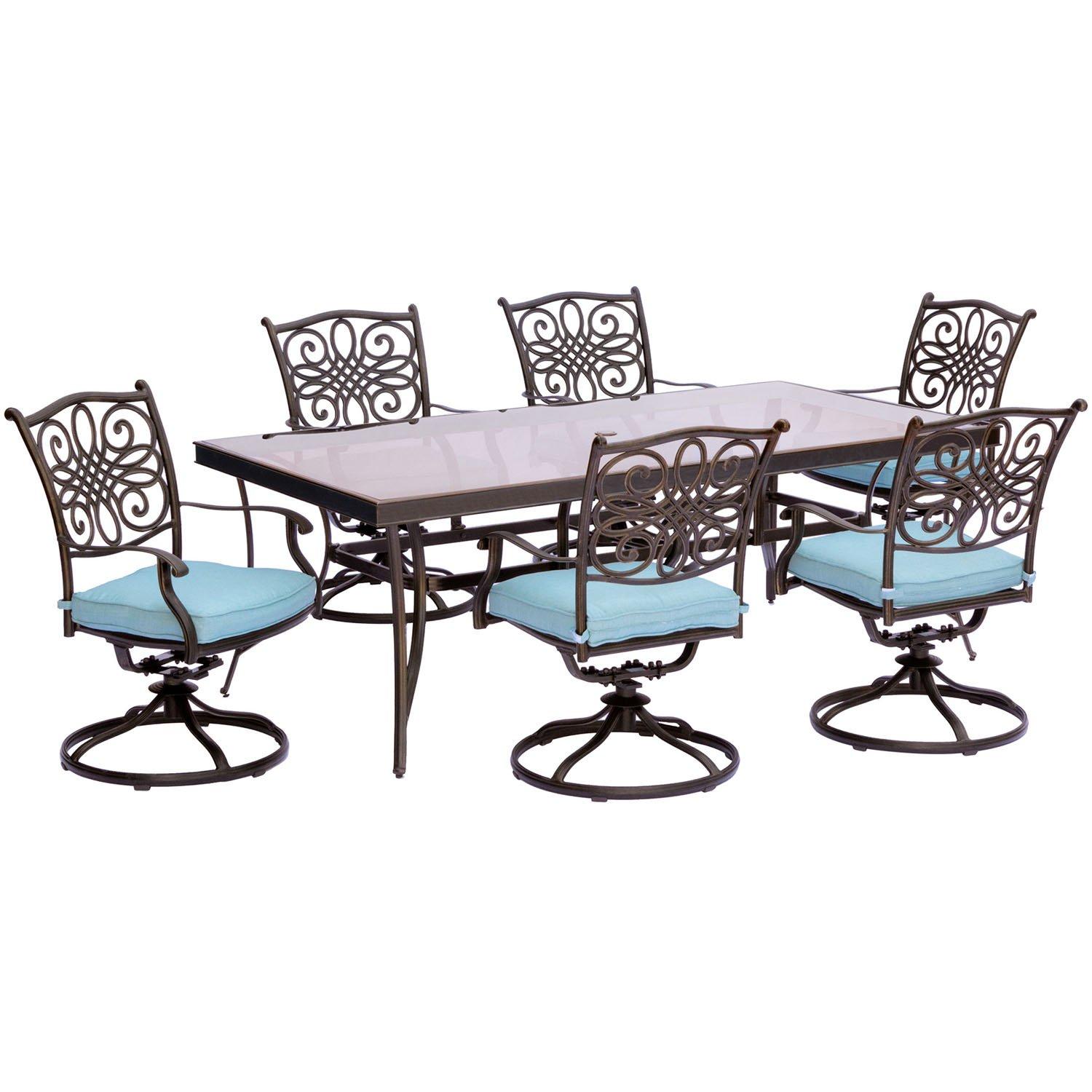 Hanover Traditions 7-Piece Dining Set in Blue with Extra Large Glass-Top Dining Table
