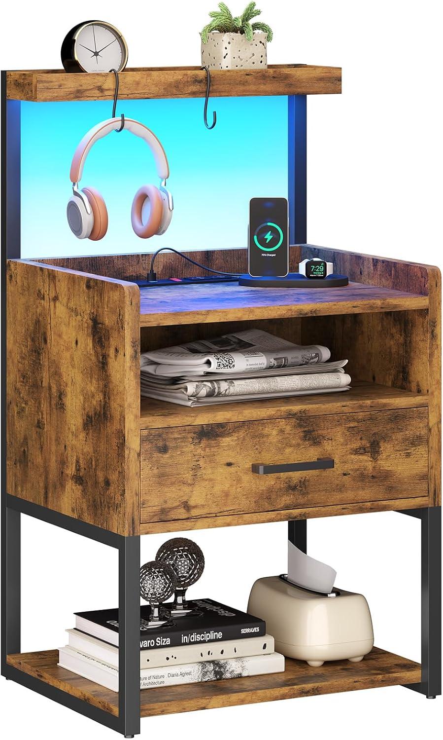 Brown LED Night Stand with Charging Station, Modern Bedside Table for Bedroom