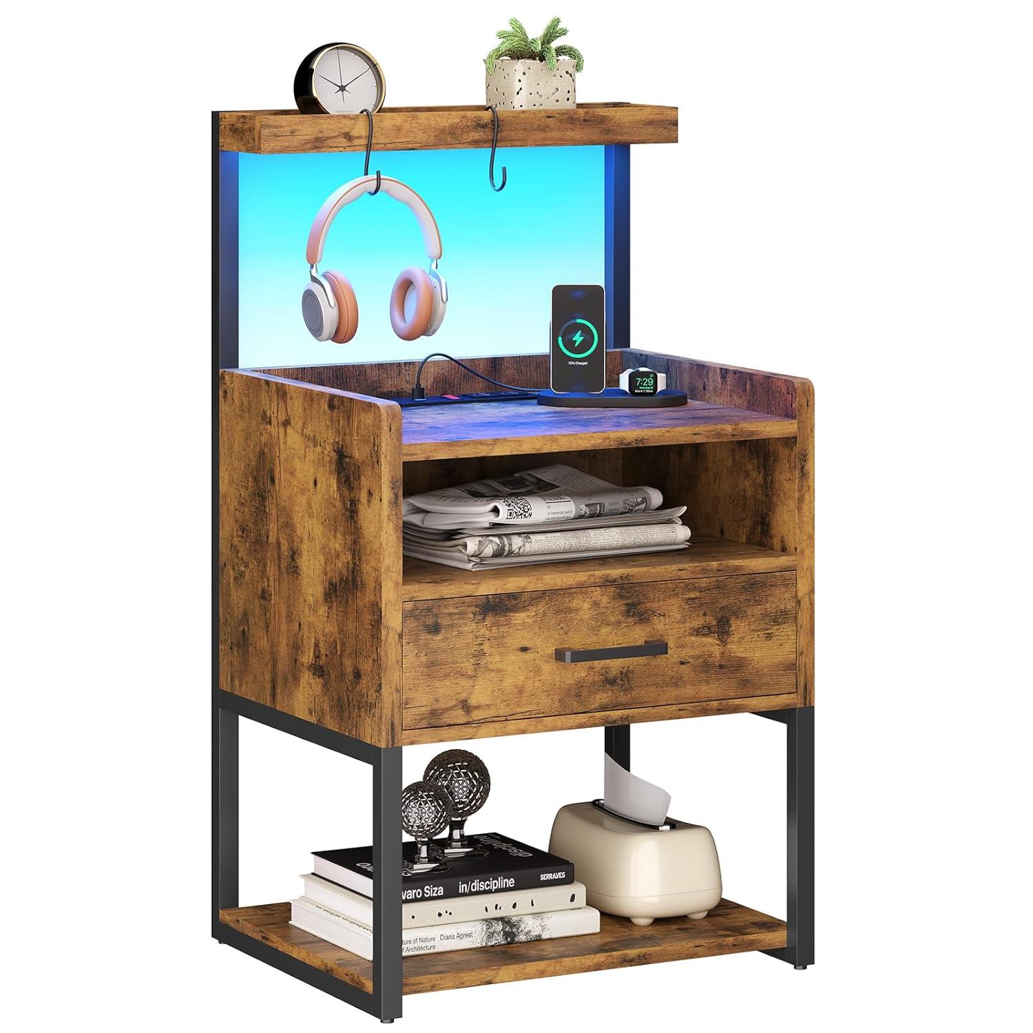Brown LED Night Stand with Charging Station, Modern Bedside Table for Bedroom