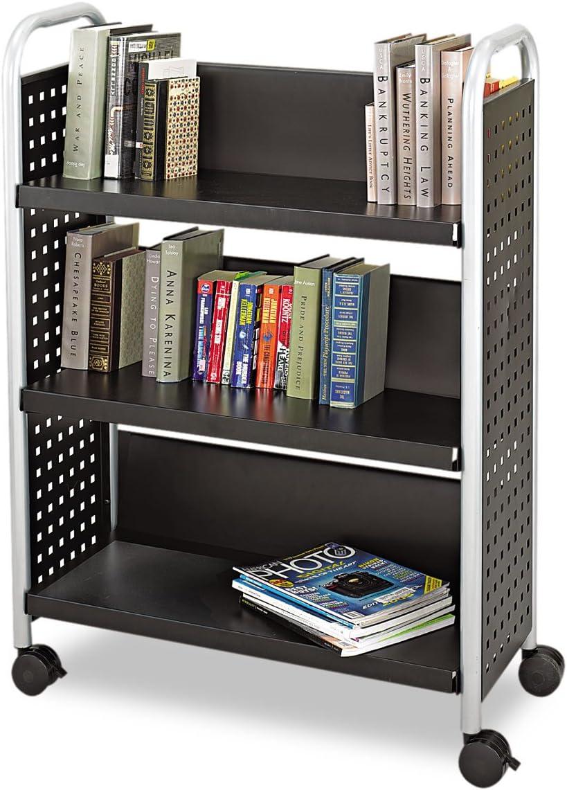 Black Powder-Coated Steel 3-Shelf Book Cart with Lock