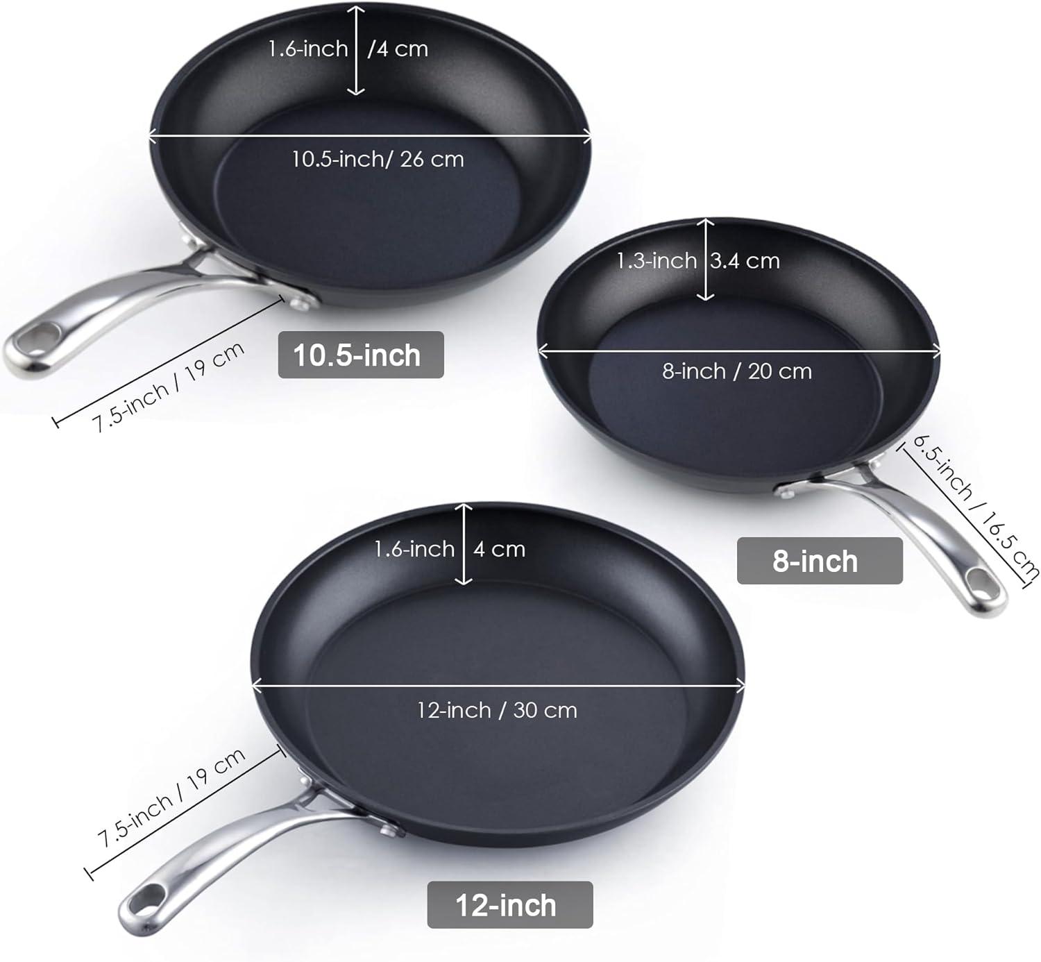 3-Piece Black Aluminum Nonstick Frying Pan Set with Stainless Steel Handles