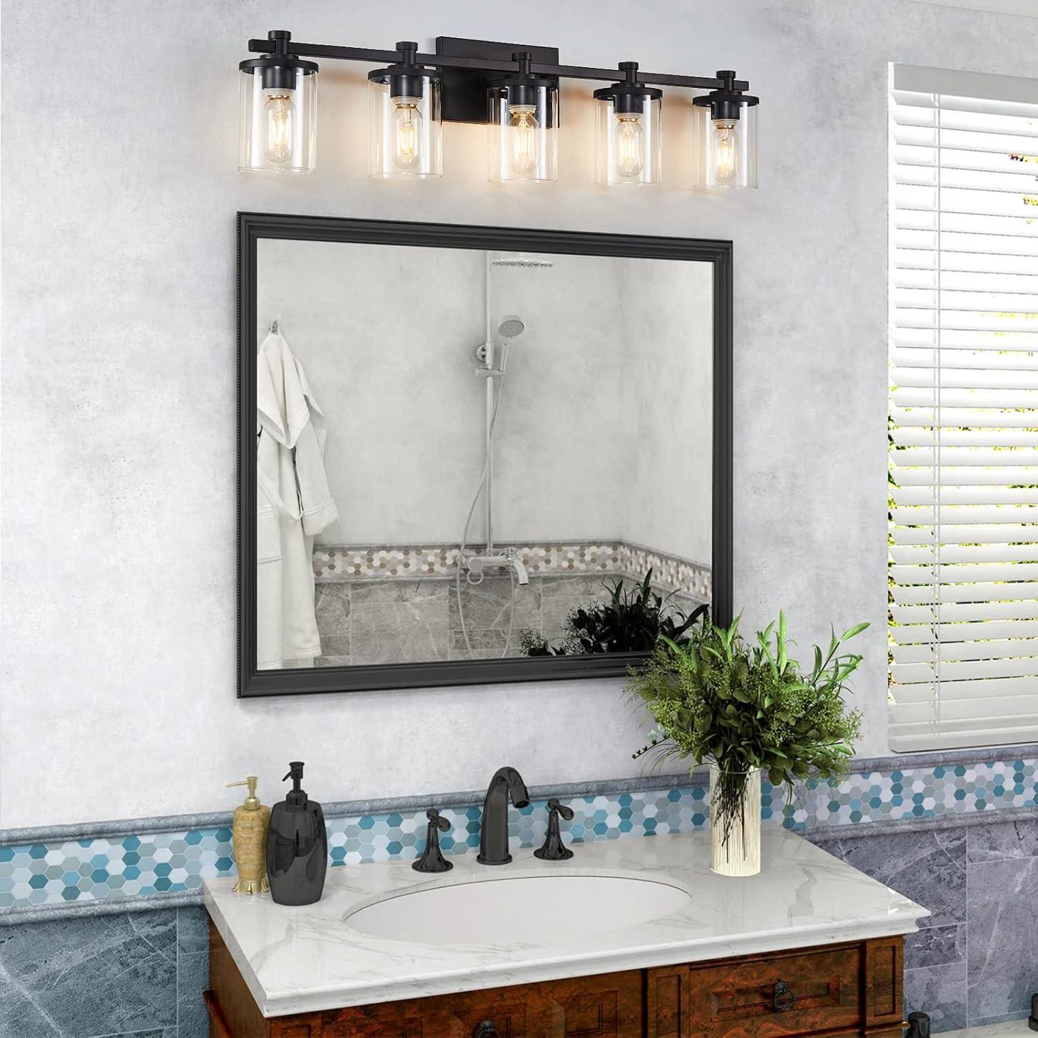 Matte Black 5-Light Bathroom Vanity Fixture with Glass Shades