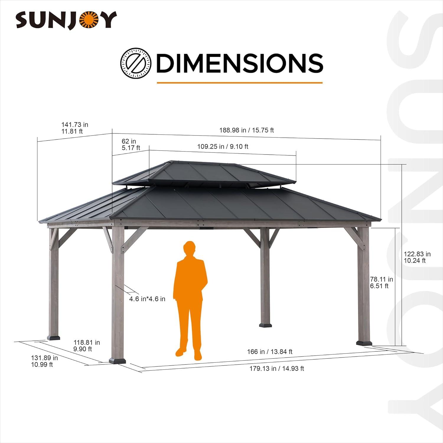 Sunjoy 12x16 ft Cedar Wood Gazebo with Black Steel Roof