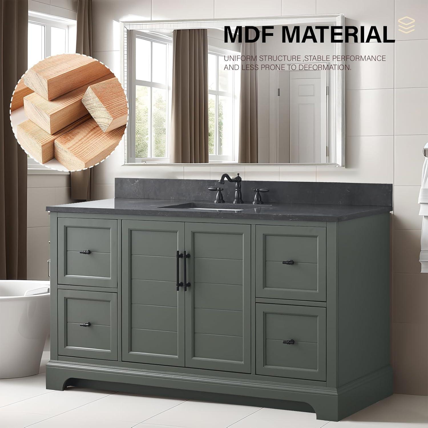 Vanity Art 60 Inch Single Sink Bathroom Vanity with Ceramic Sink and Stone Top | Undermount Rectangular Sink Cabinet Soft Closing Doors, Dovetailed Drawers, No Mirror VA5060-SVG