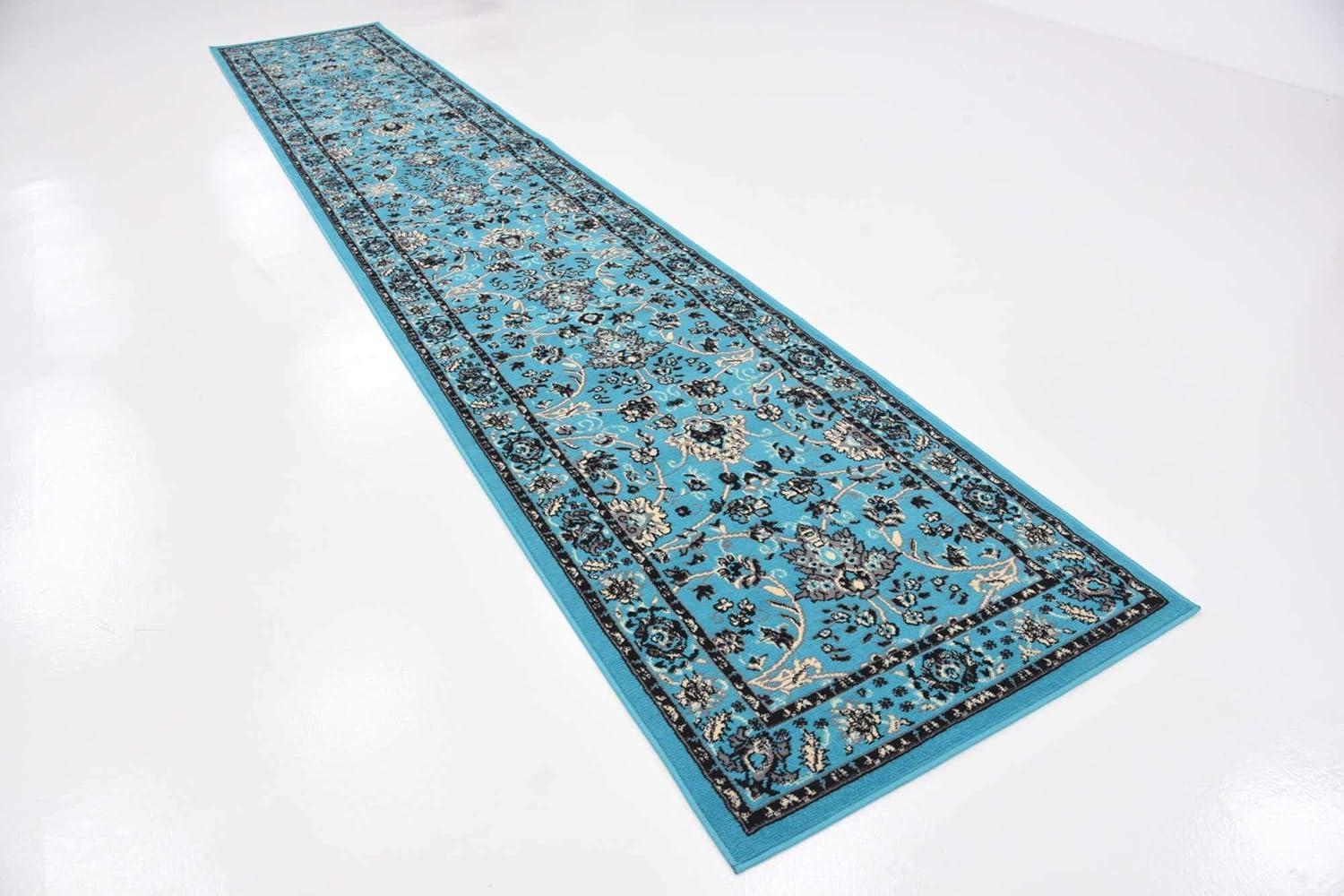 Turquoise and Ivory Synthetic Reversible Runner Rug