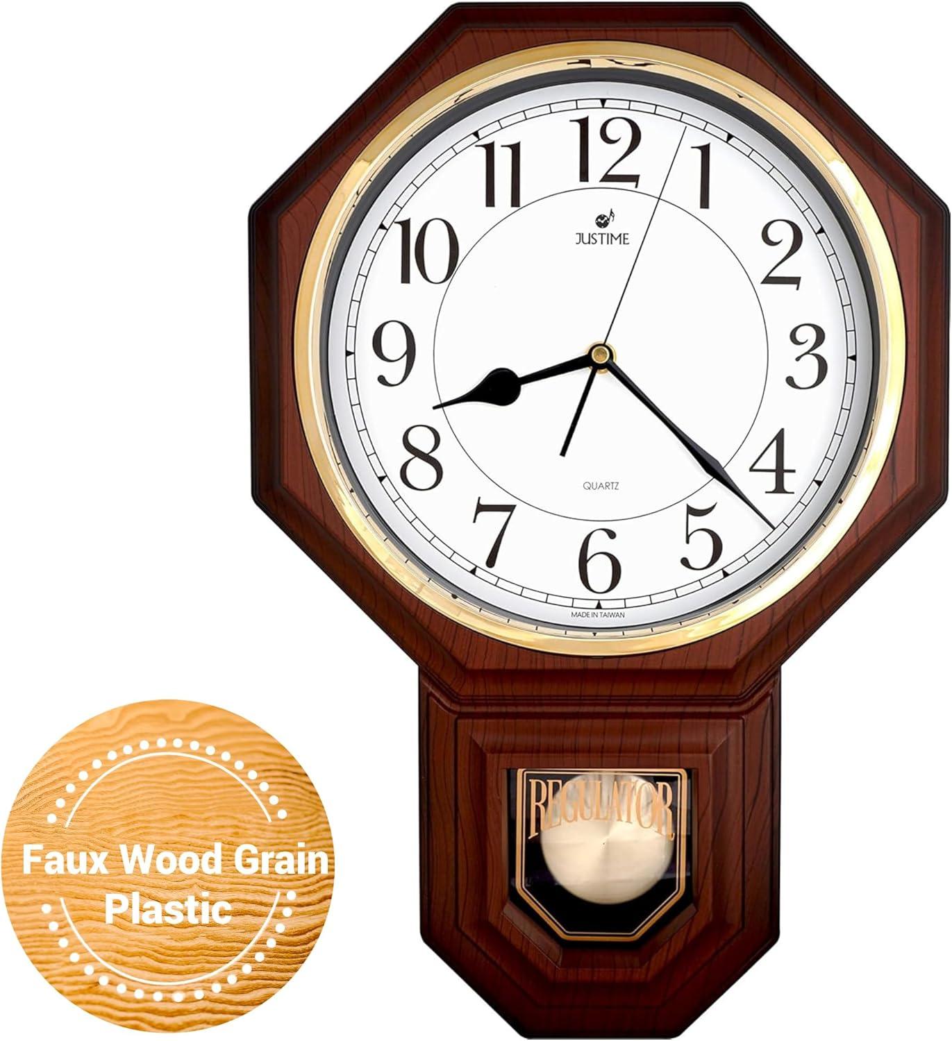 JUSTIME Traditional Schoolhouse Classic Vintage Arabic Regulator Wall Clock, Chiming Wall Clocks with Pendulum & Westminster Chime Hourly, Schoolhouse Wall Decor Battery Operated (Dark Wood Grain)