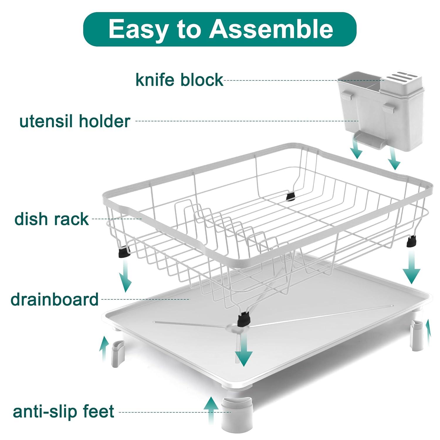Dish Drying Rack for Kitchen Counter,Space-Saving Dish Rack with Drainboard,Rustproof Countertop Dish Drainer with Utensil Holder for Sink,White