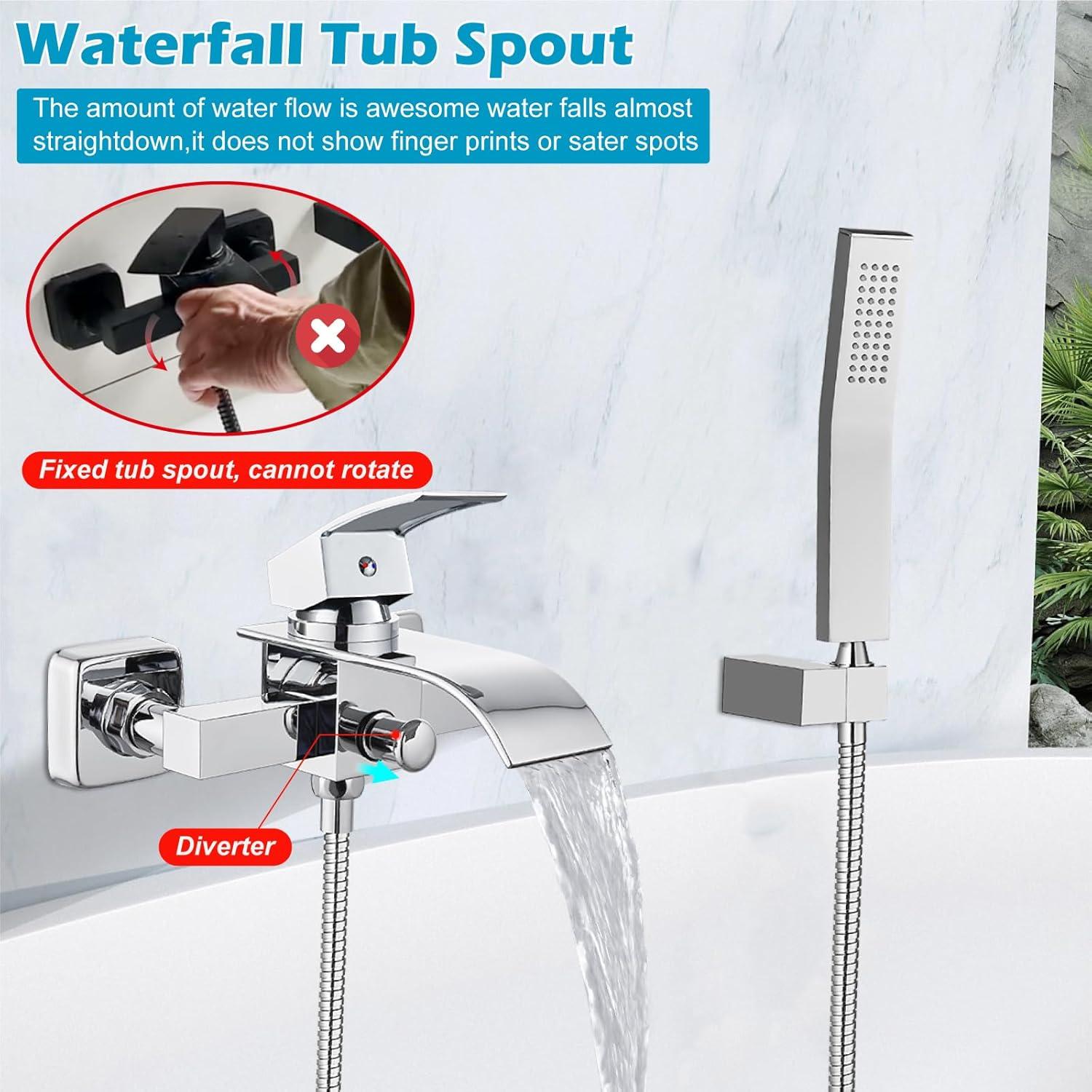 Midanya Wall Mount Bathtub Faucet with Handheld Spray Waterfall Tub Filler Single Handle Bathroom Tub Mixer Tap Hand-Shower System with Curved Spout Commercial,Brushed Nickel