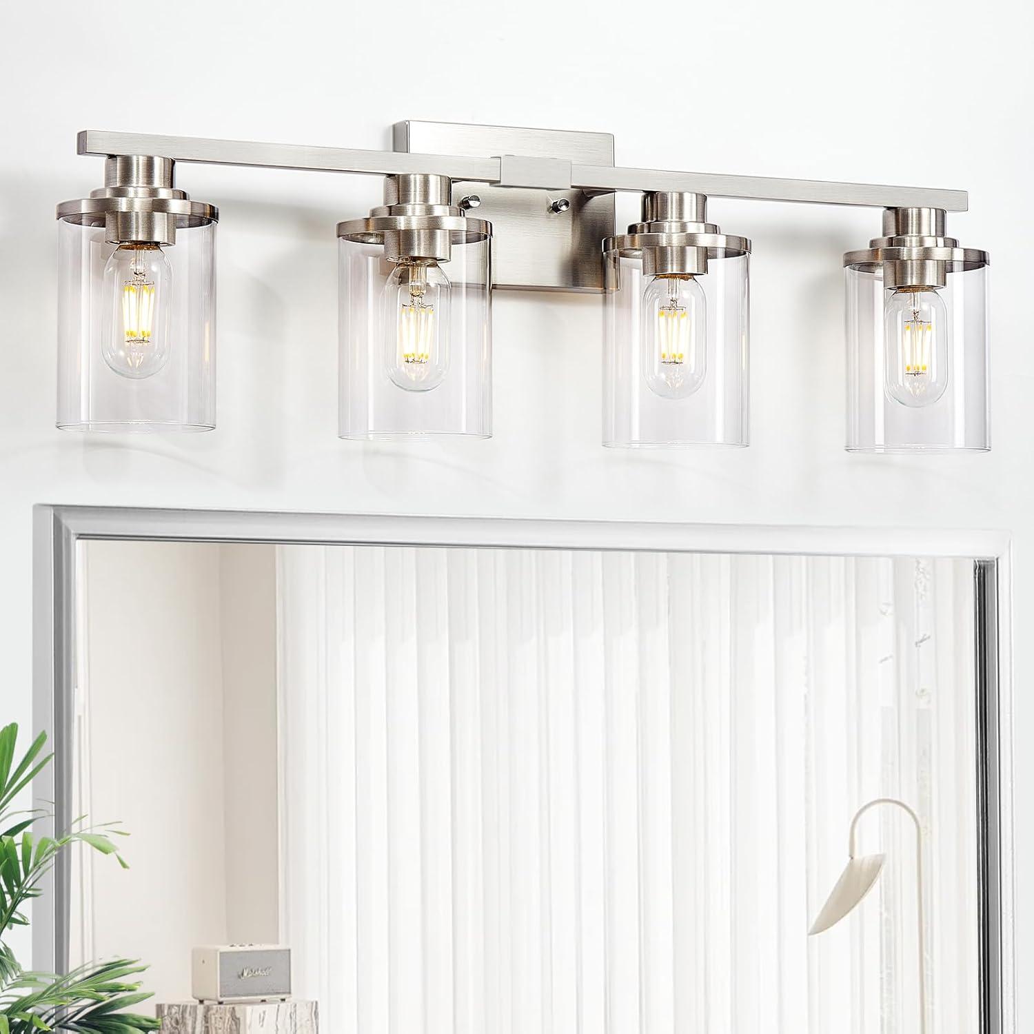 Brushed Nickel 4-Light Bathroom Vanity Fixture with Clear Glass Shades