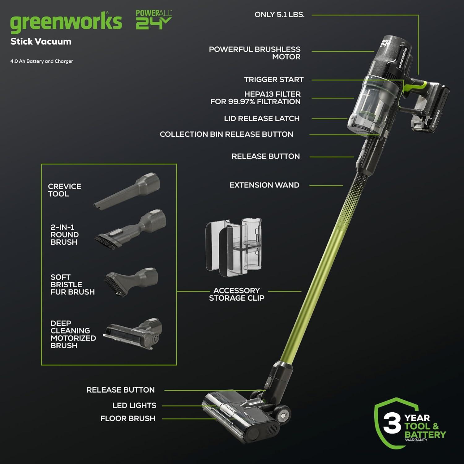 Greenworks 24V Brushless Cordless Stick Vacuum, Lightweight, Handheld, Pet, Anti-Allergen HEPA Filtration, Hard Floor, Carpet, Car, 4Ah Battery, and 30-Minute Charge Time (White)