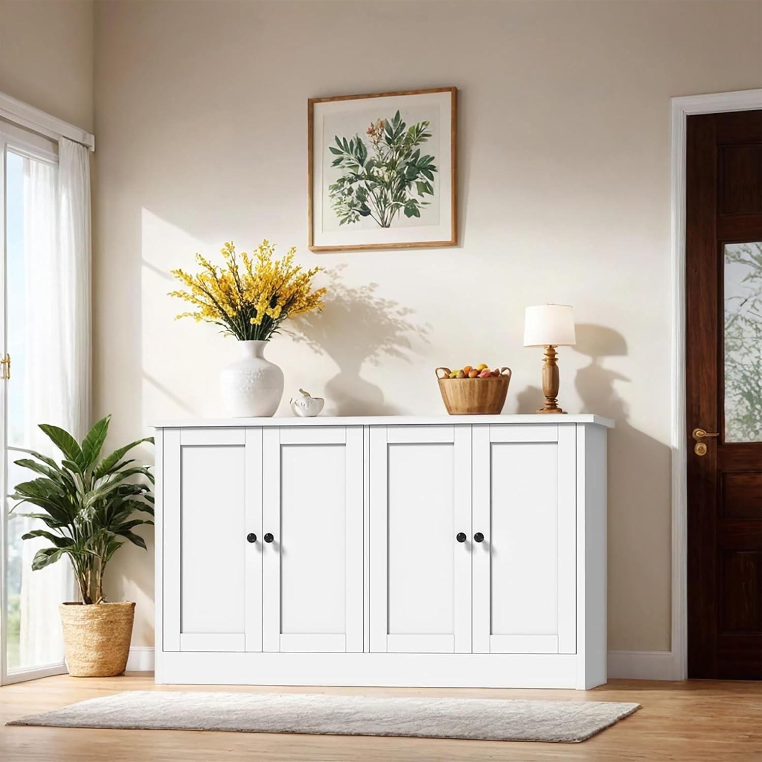 White Modern Buffet Storage Cabinet with 4 Doors and Drawers