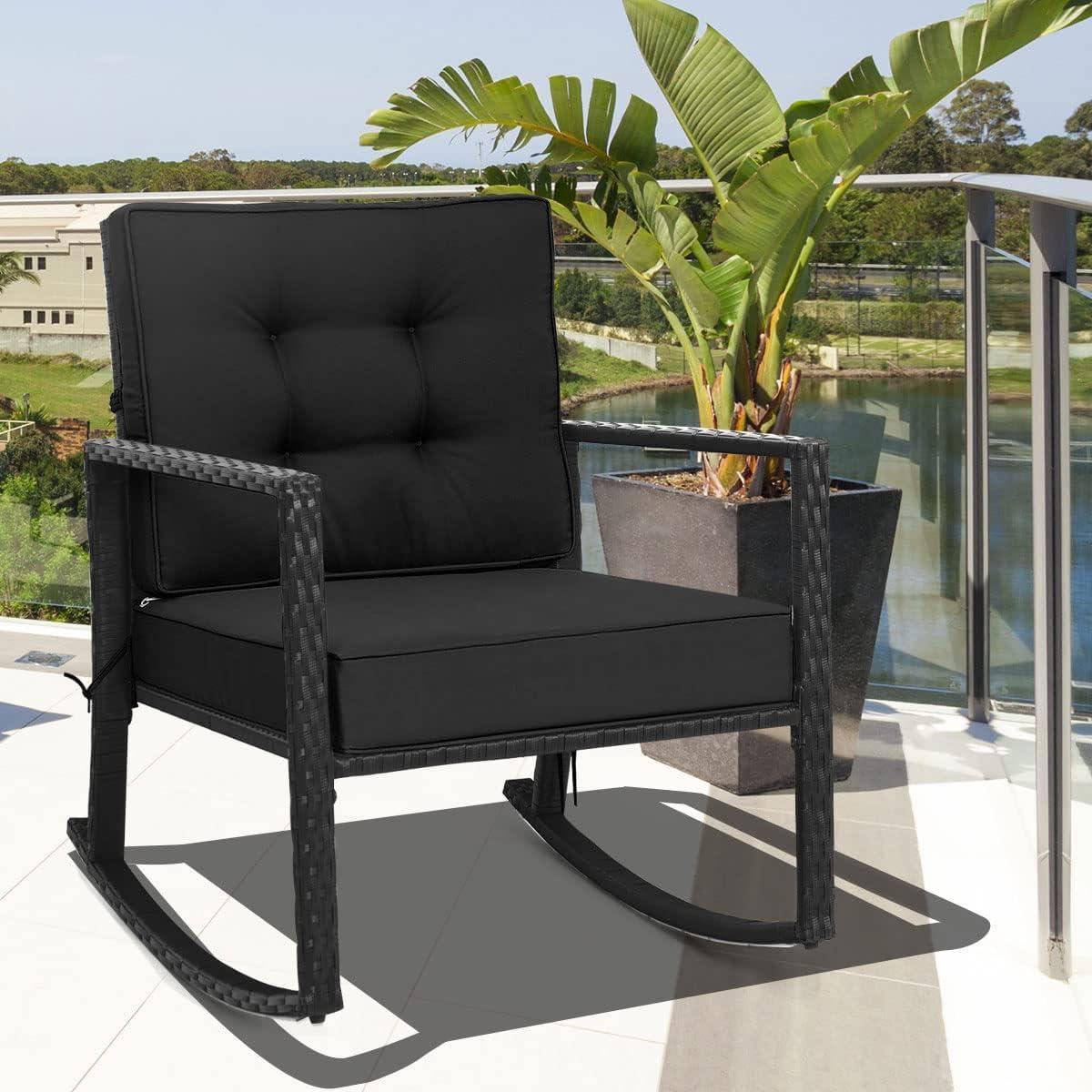 Costway Patio Rattan Rocker Chair Outdoor Glider Rocking Chair Cushion Lawn Black