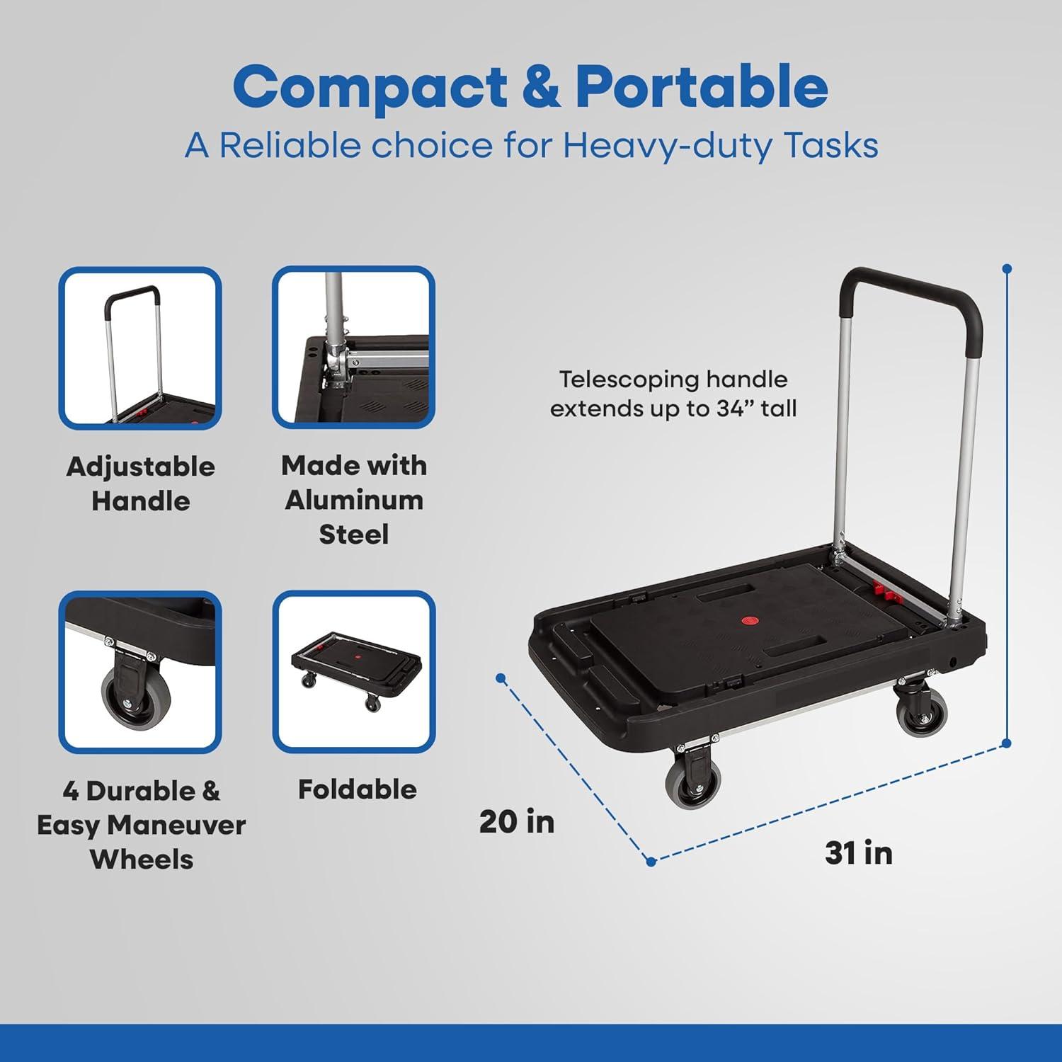 Magna Cart FF 4 Rubber 360 Degree Rotating Wheel Easy Folding Platform Transport Cart with Telescoping 36 Inch Handle