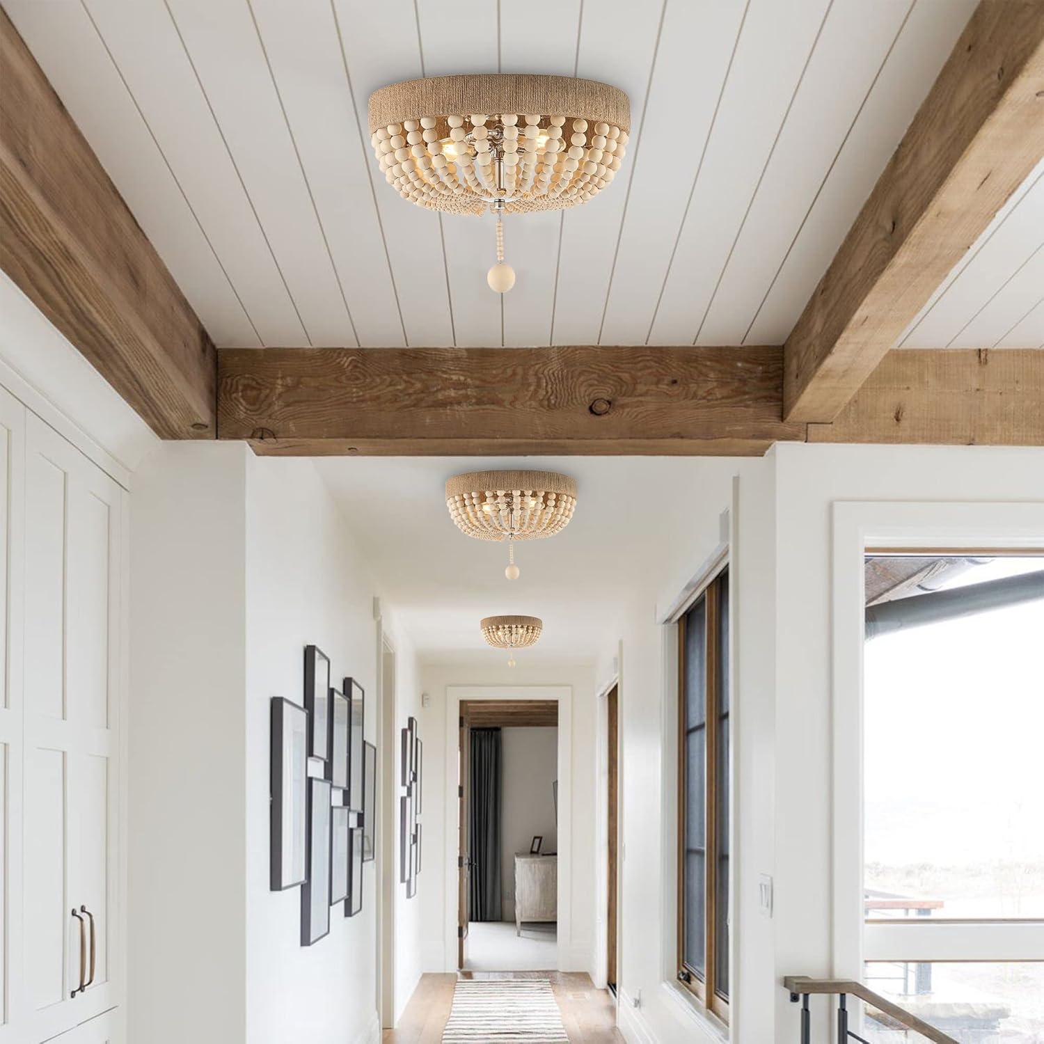 JONATHAN Y Justina Wood Bead 14" 2-Light Farmhouse Bohemian Iron LED Flush Mount, Light Taupe/Chrome, JYL1307A