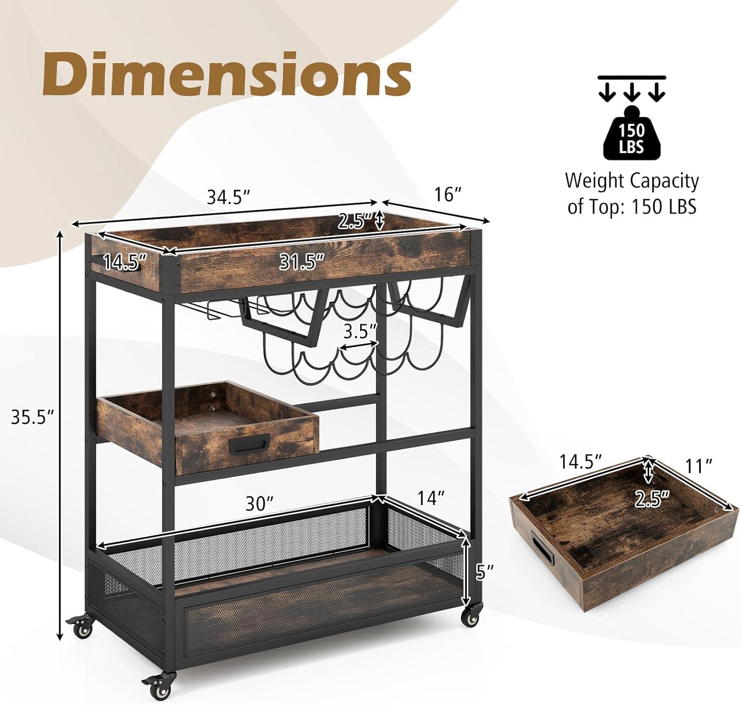 Giantex -Tier Rolling Bar Cart, Industrial Buffet Serving Trolley Cart w/Wine Rack, Stemware Rack & Removable Tray, Mobile Liquor Beverage Cart