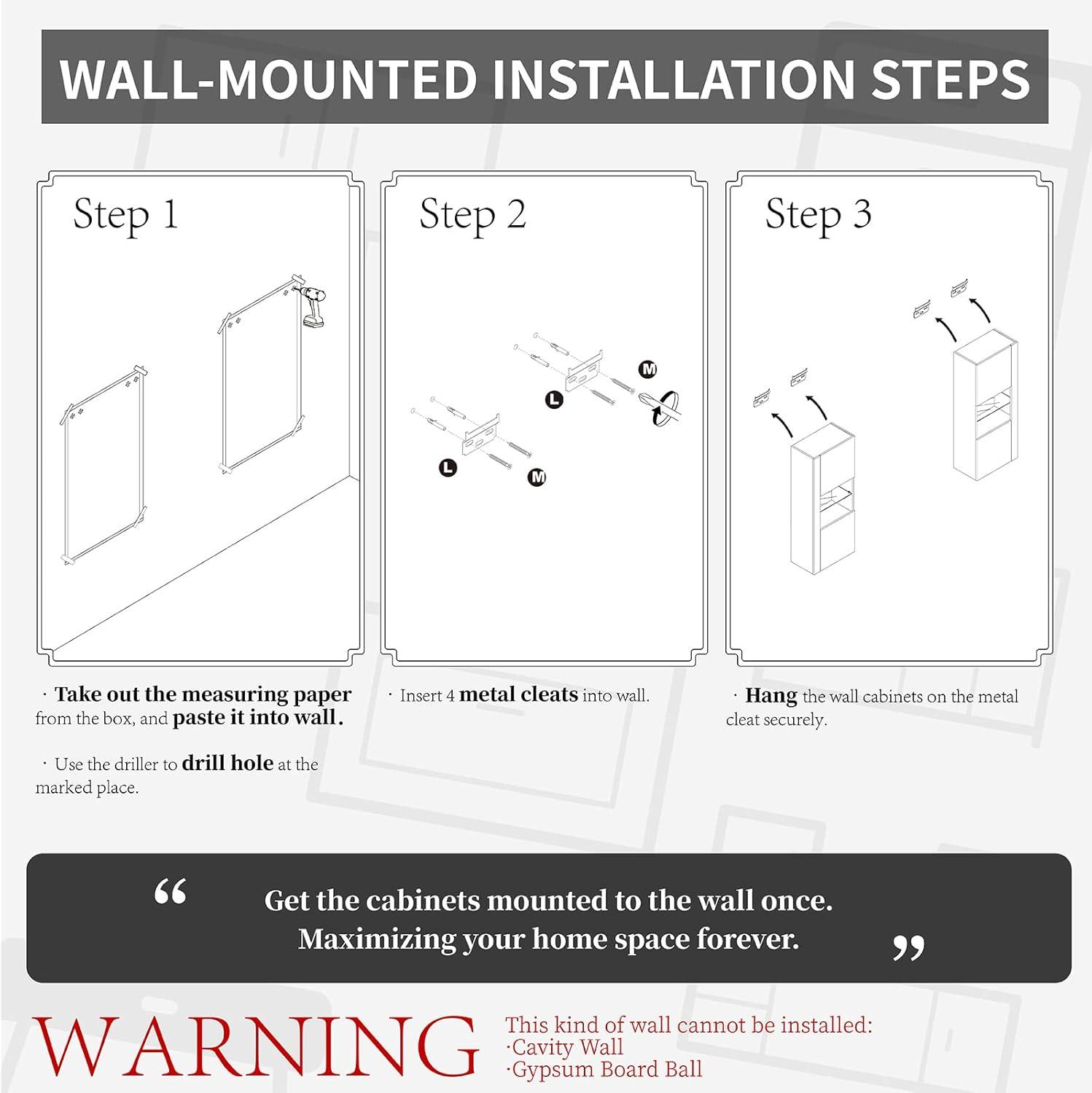 VanAcc Modern Wall Storage Cabinets with LED Lights, Hanging Cabinets with Closed Doors & Open Shelves, Black